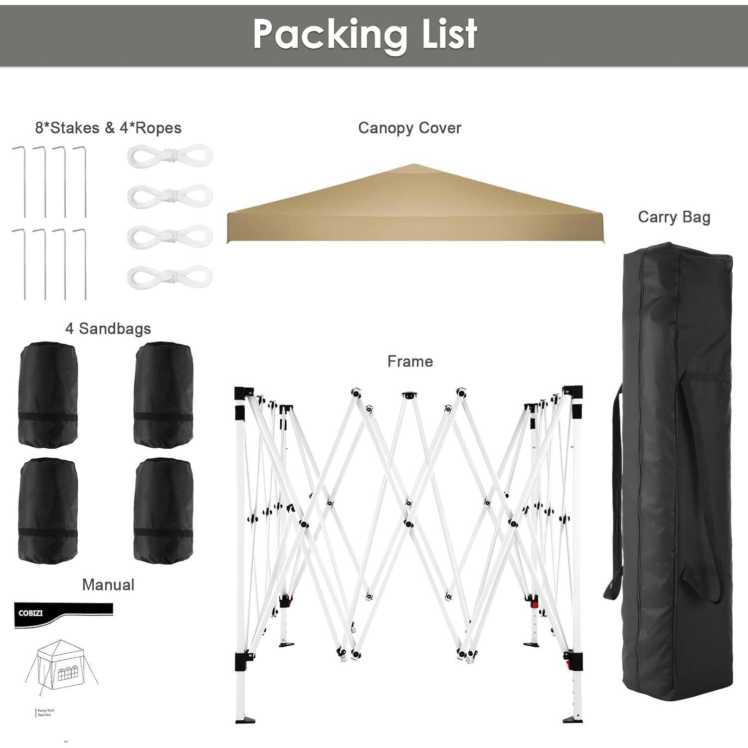 COBIZI 10x10 Pop Up Canopy Tent Waterproof Outdoor Party Tent Ez Up Canopy Tents for Parties Camping Commercial Event Gazebo Portable Tent for Backyard Wedding, Khaki