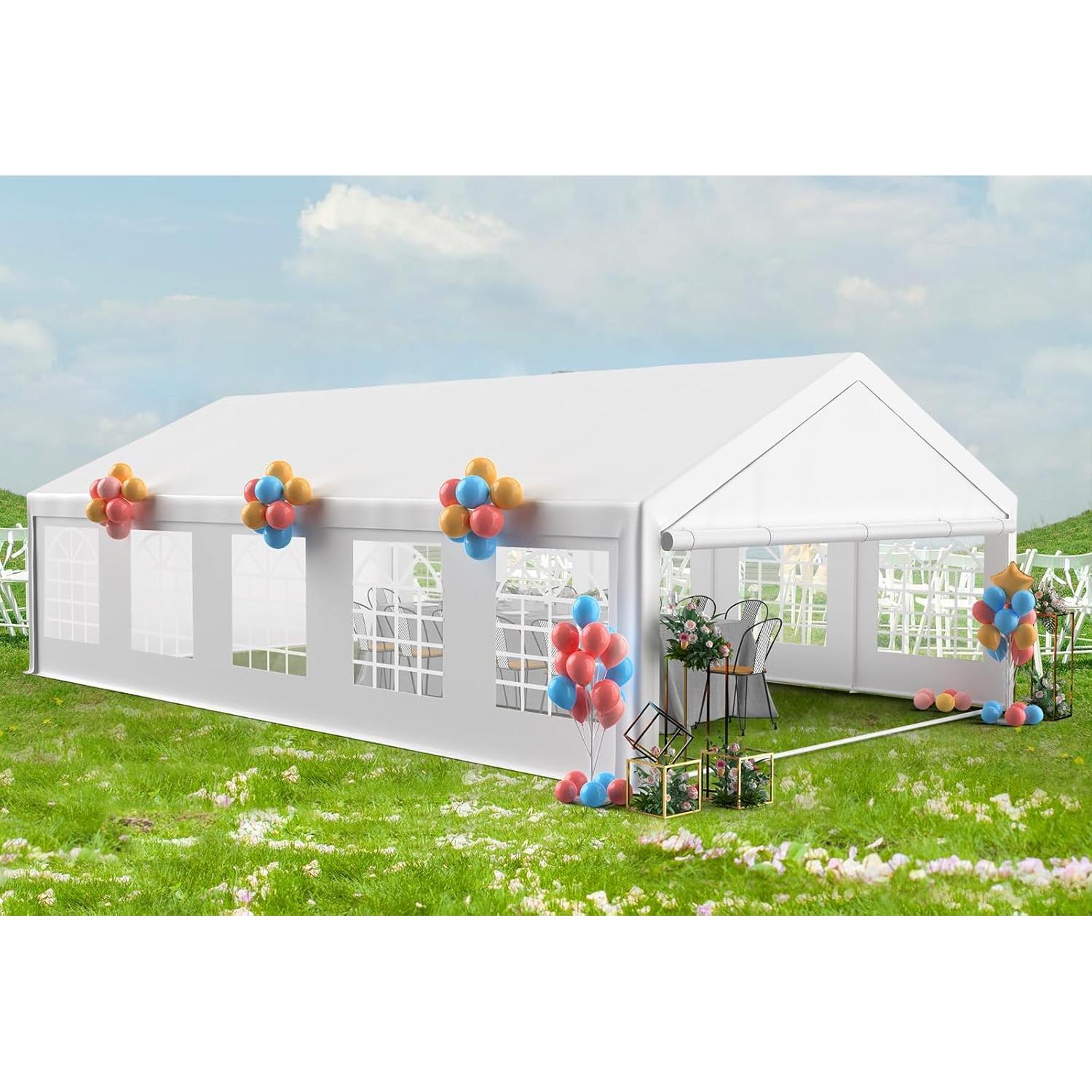 20x32ft Party Tent Heavy Duty Wedding Tent Outdoor Canopy Event Shelters Galvanized Canopy Commercial Tent with Removable Sidewall Windows for Outdoor Events Wedding Birthday