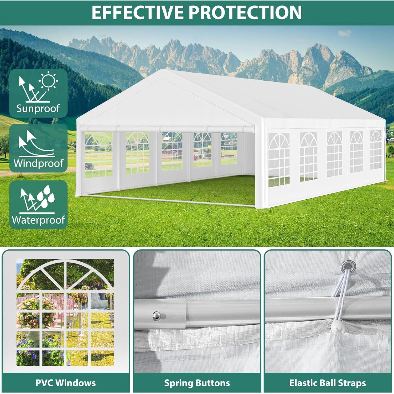20x32ft Party Tent Heavy Duty Wedding Tent Outdoor Canopy Event Shelters Galvanized Canopy Commercial Tent with Removable Sidewall Windows for Outdoor Events Wedding Birthday
