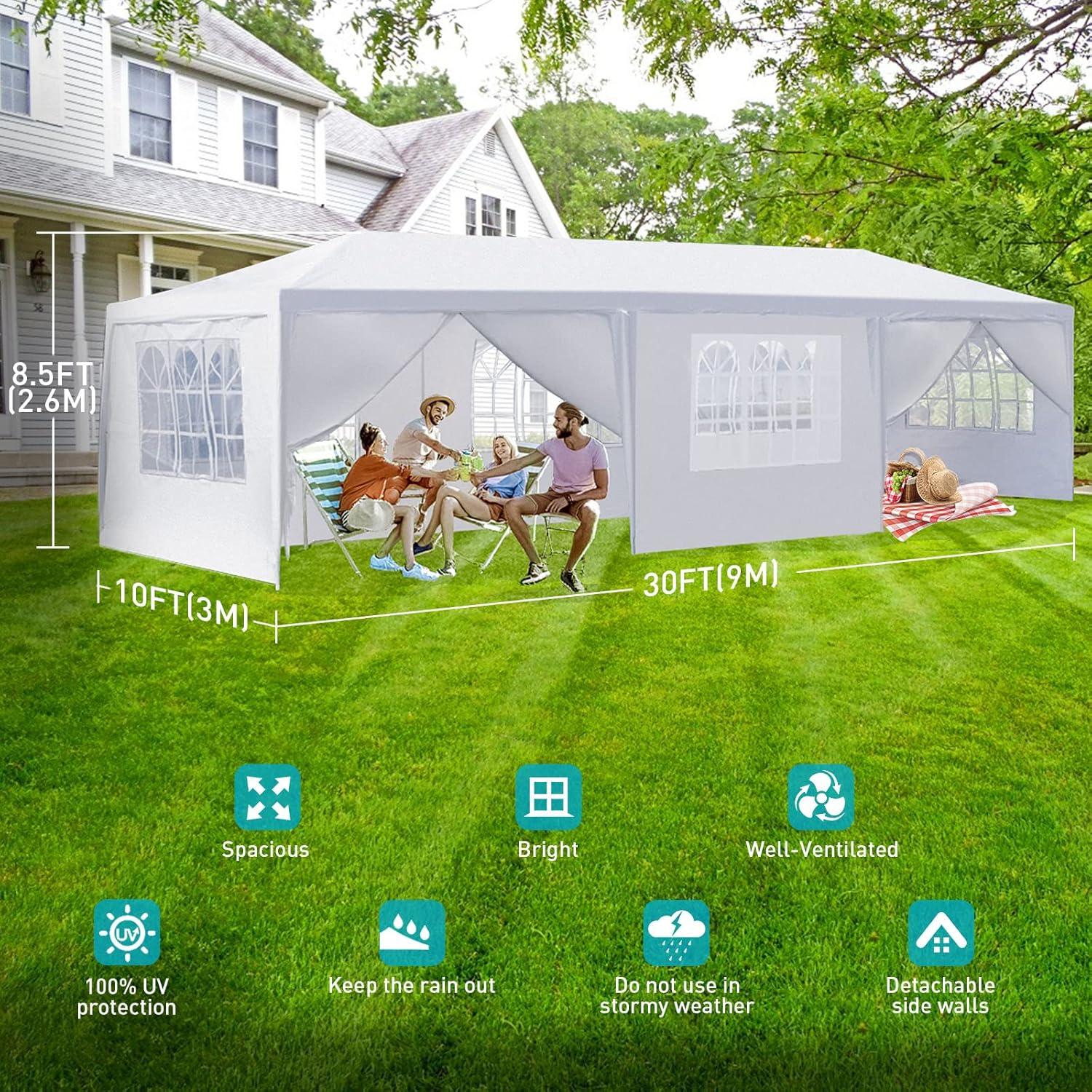 10'x30' Party Tent, Outdoor Tents for Parties, Wedding, Graduation, Large Canopy Tents with Sidewalls & Zipper Door, Outside Event Gazebo Tent for Backyard, 8 Walls, White