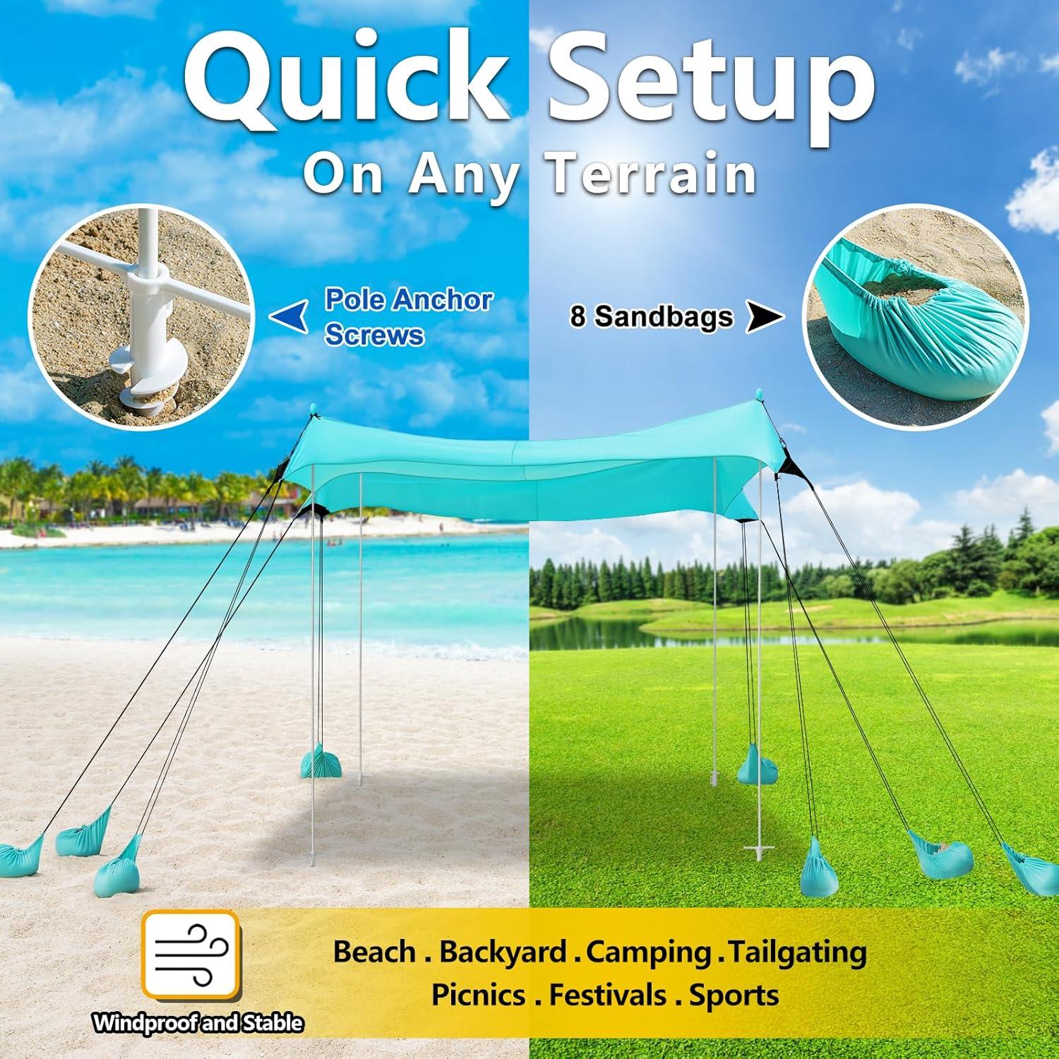 Toldo de Playa Uboway 12x12FT Turquesa UPF50+ con 8 Sacos