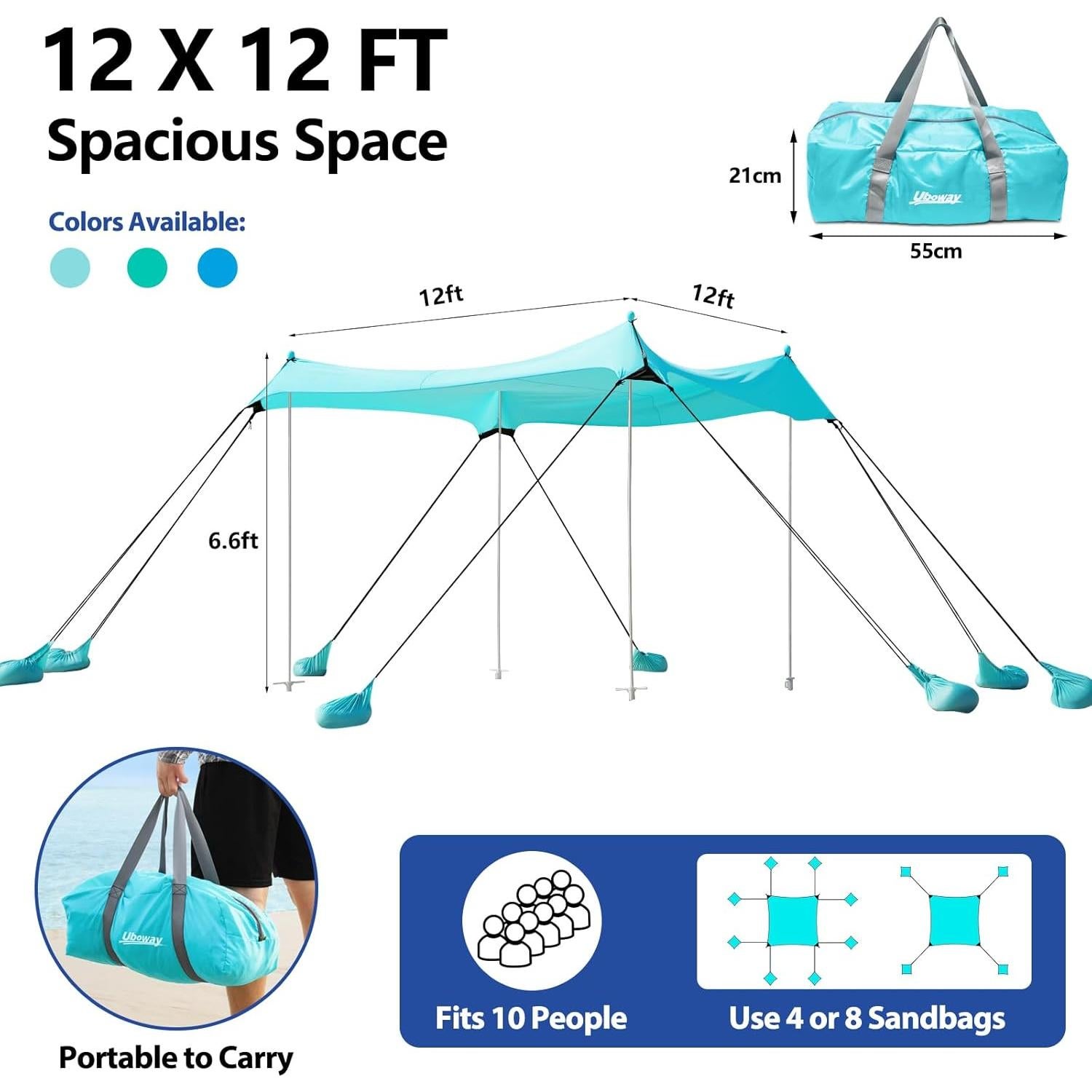 Toldo de Playa Uboway 12x12FT Turquesa UPF50+ con 8 Sacos