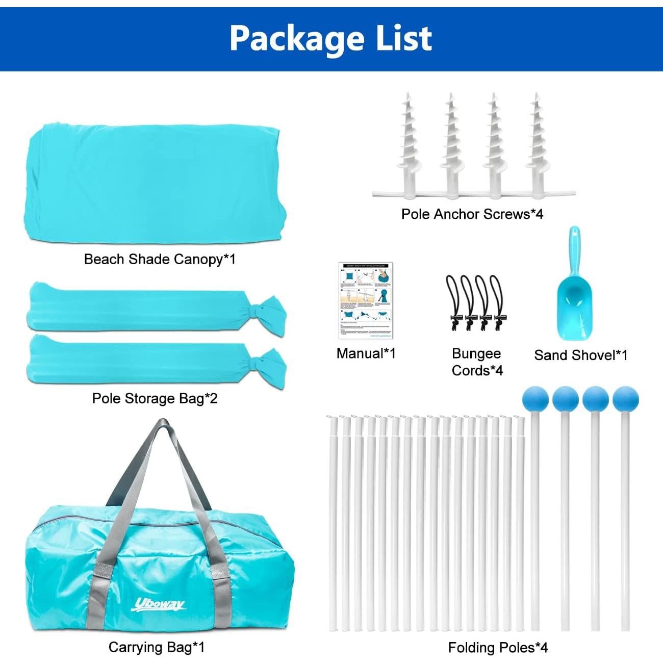 Toldo de Playa Uboway 12x12FT Turquesa UPF50+ con 8 Sacos