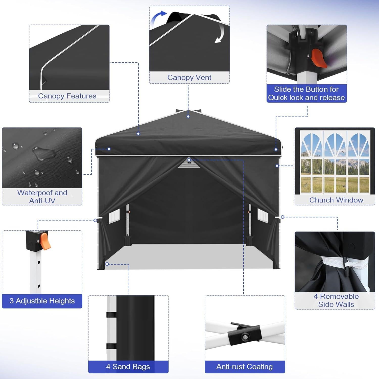 Canopy Plegable Instantáneo Mazqetih 3x3m Negro con Paredes