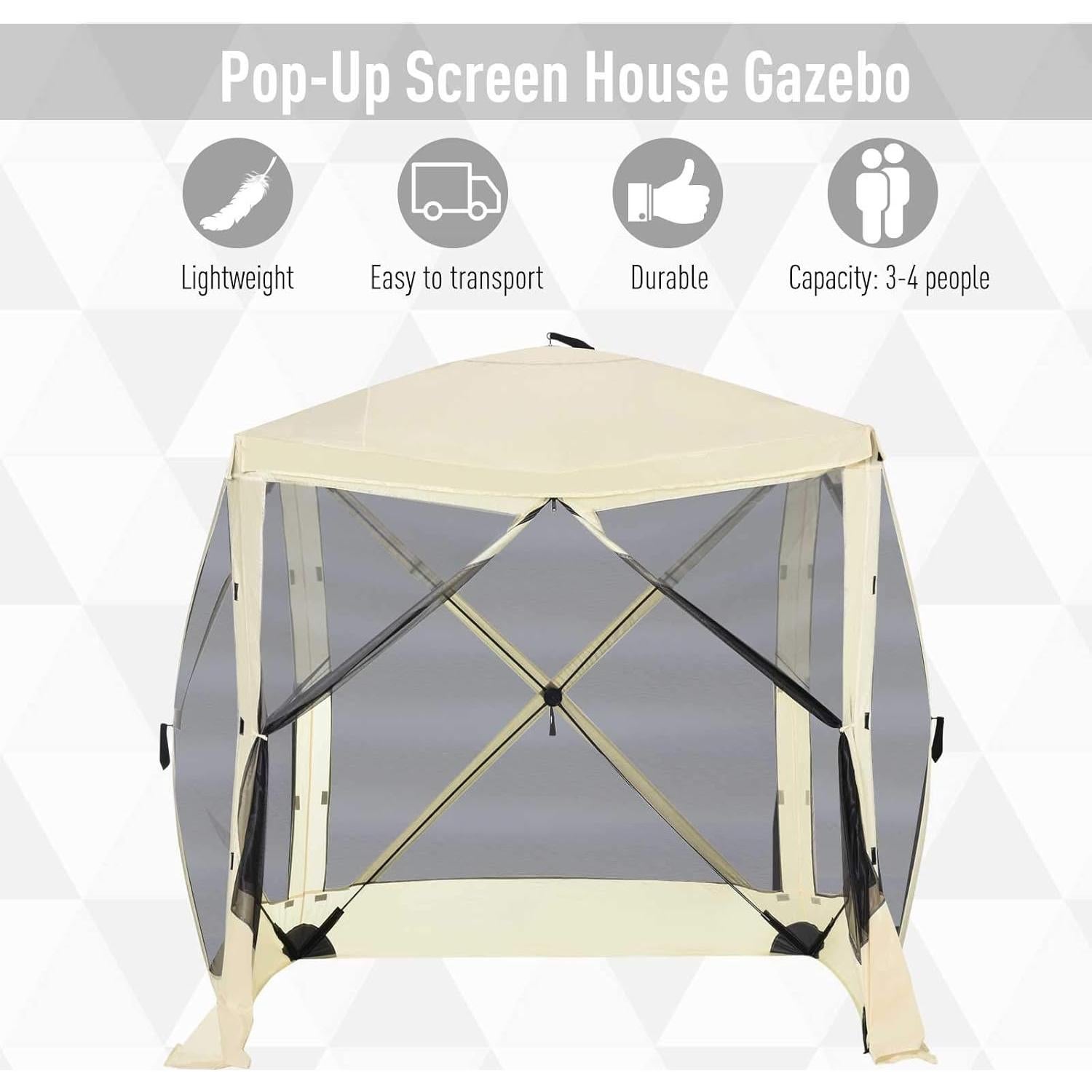 Pop Up Camping Canopy Gazebo Screen Shelter Tent with Single Person Easy Set-Up, Ventilating Mesh, Portable Carry Bag for Outdoor Camping Party Event, 7x7FT, Beige