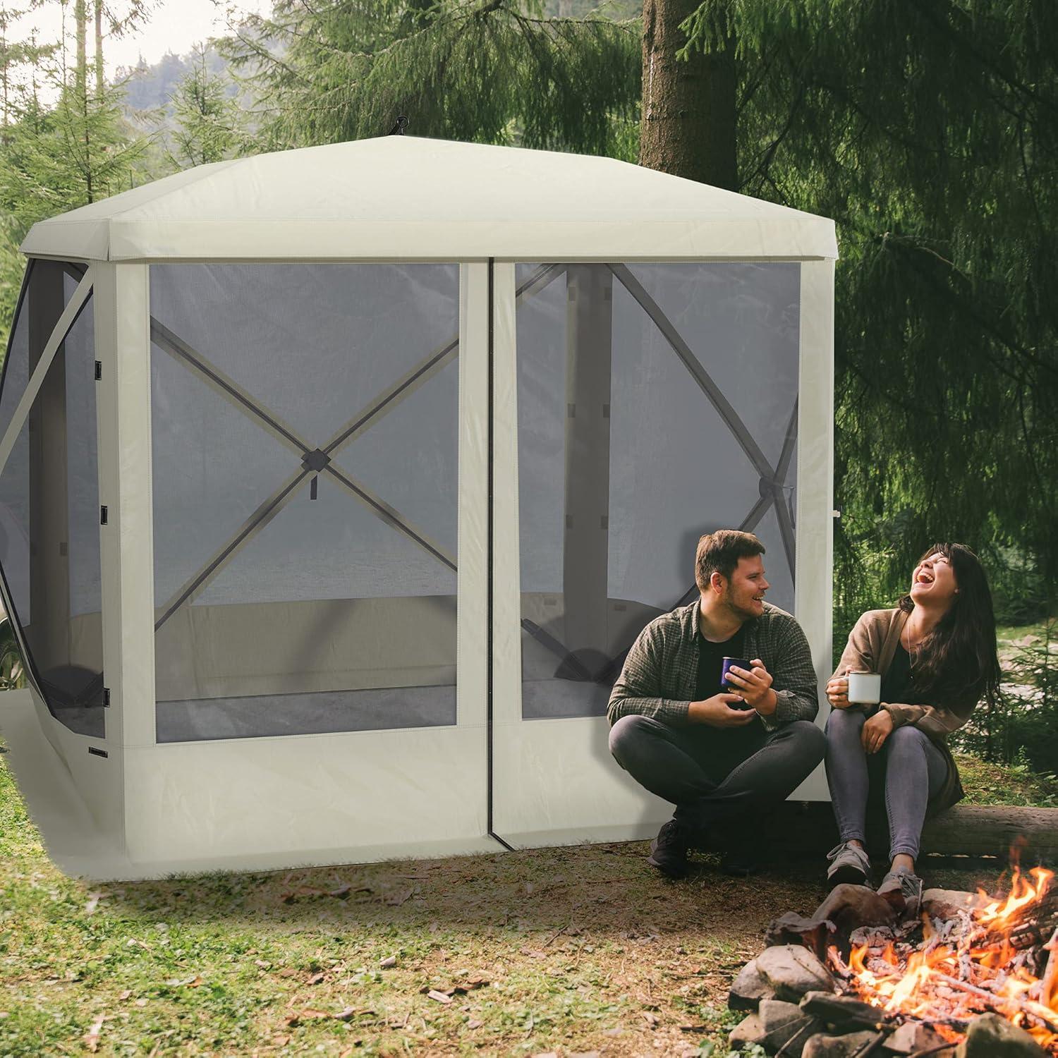 Pop Up Camping Canopy Gazebo Screen Shelter Tent with Single Person Easy Set-Up, Ventilating Mesh, Portable Carry Bag for Outdoor Camping Party Event, 7x7FT, Beige