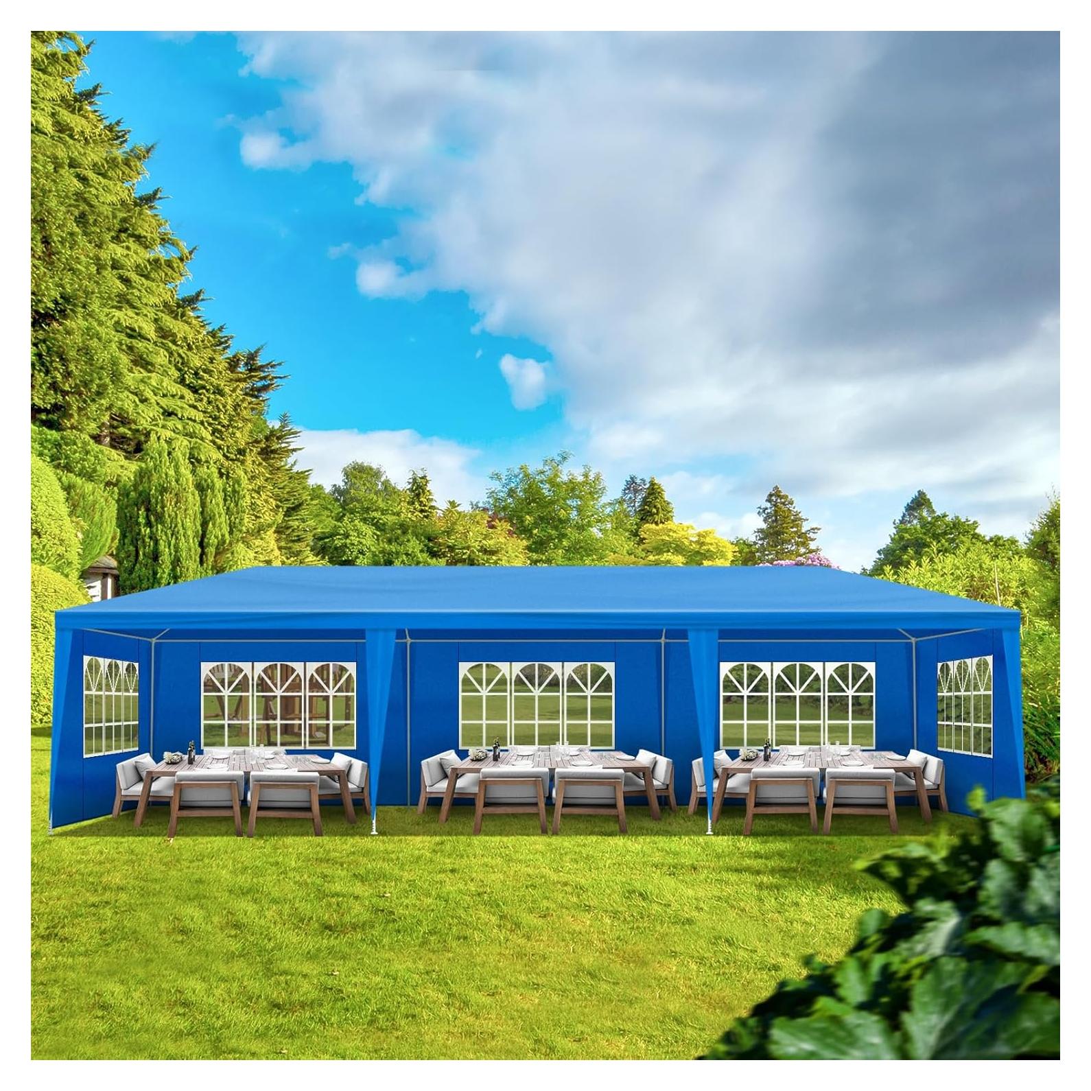 10'x30' Outdoor Party Tent with 8 Removable Sidewalls Waterproof Canopy Wedding Gazebo Commercial Event Tent Heavy-Duty PE Fabric & Steel Frame Blue for Backyard BBQ Picnic Flea Market
