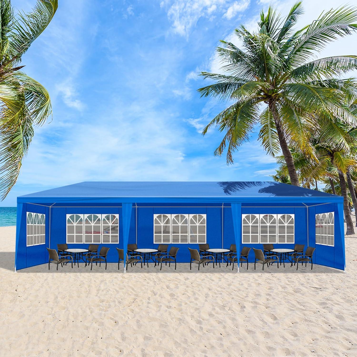 10'x30' Outdoor Party Tent with 8 Removable Sidewalls Waterproof Canopy Wedding Gazebo Commercial Event Tent Heavy-Duty PE Fabric & Steel Frame Blue for Backyard BBQ Picnic Flea Market