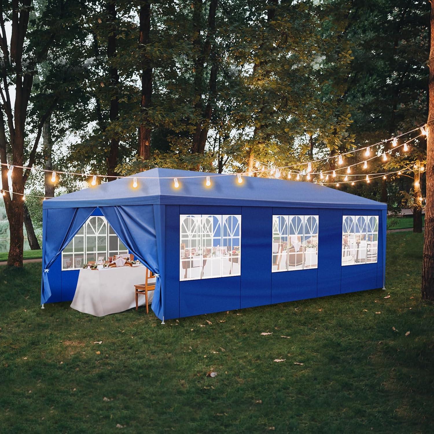 10'x30' Outdoor Party Tent with 8 Removable Sidewalls Waterproof Canopy Wedding Gazebo Commercial Event Tent Heavy-Duty PE Fabric & Steel Frame Blue for Backyard BBQ Picnic Flea Market