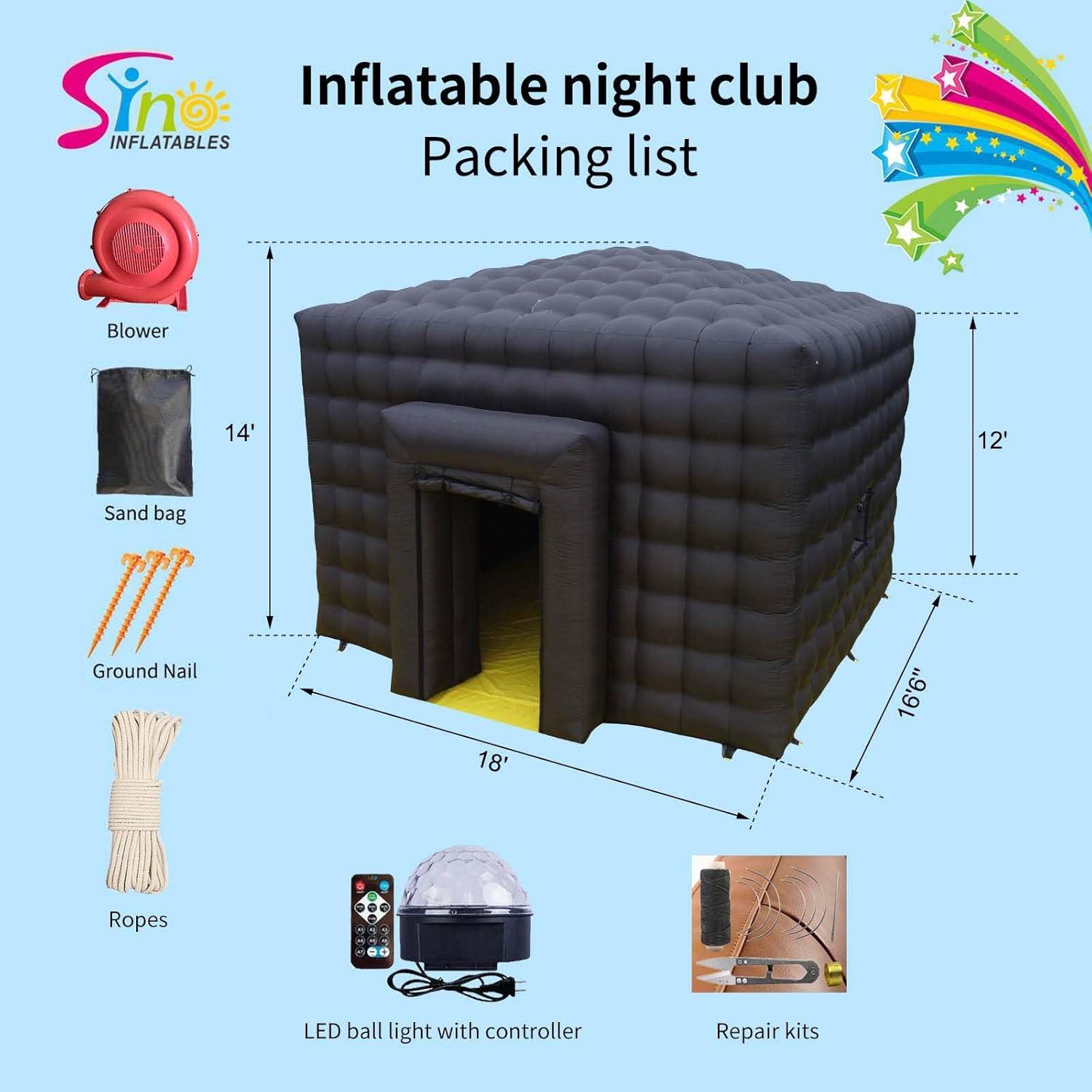 18x16.5Ft Blow Up Nightclub Inflatable Pub with LED Light for Adults Outdoor Party - a Small Movable Cube Black Inflatable Party Tent with Blower for Disco Night Club House from Sinflables Factory