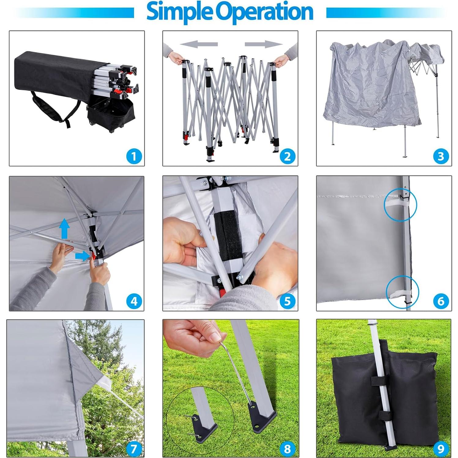 Smartxchoices 8 x 8 FT Pop Up Canopy Tent - Instant Outdoor Canopy with Wheeled Carry Bag, 4 Ropes, Straight Legs, Stakes, Outdoor Tent Sun Protection Beach Shelter，Silver Grey