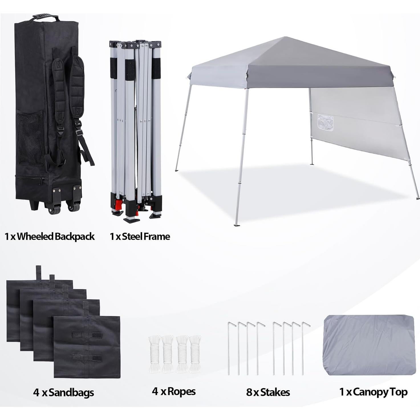 Smartxchoices 8 x 8 FT Pop Up Canopy Tent - Instant Outdoor Canopy with Wheeled Carry Bag, 4 Ropes, Straight Legs, Stakes, Outdoor Tent Sun Protection Beach Shelter，Silver Grey
