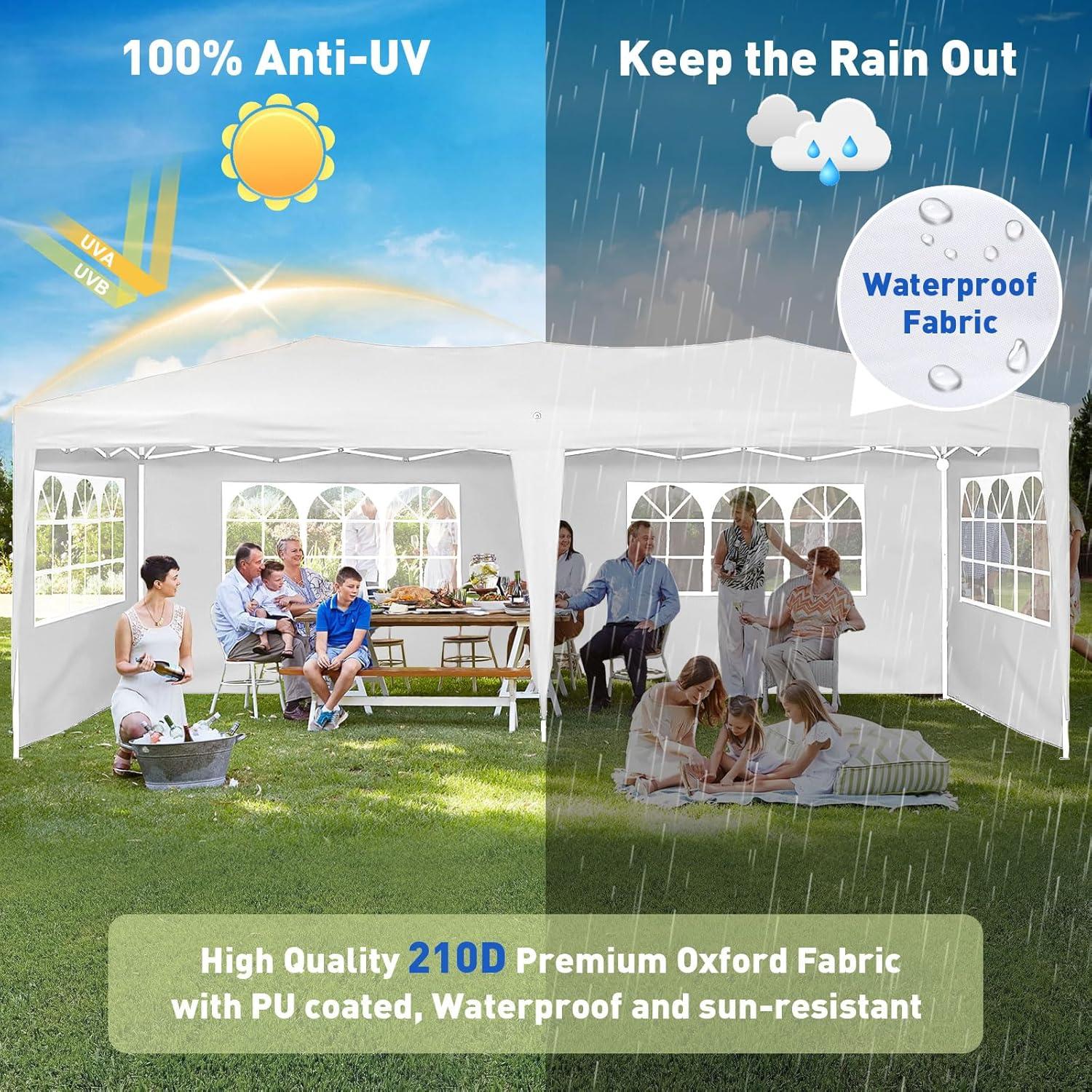10'x20' Pop Up Canopy with Removable Sidewalls, Large Canopy Tent with 4 Sandbag & Carry Bag, Waterproof Heavy Duty Party Tent for Outdoor Commercial Event Tent, Wedding, Graduation (White)