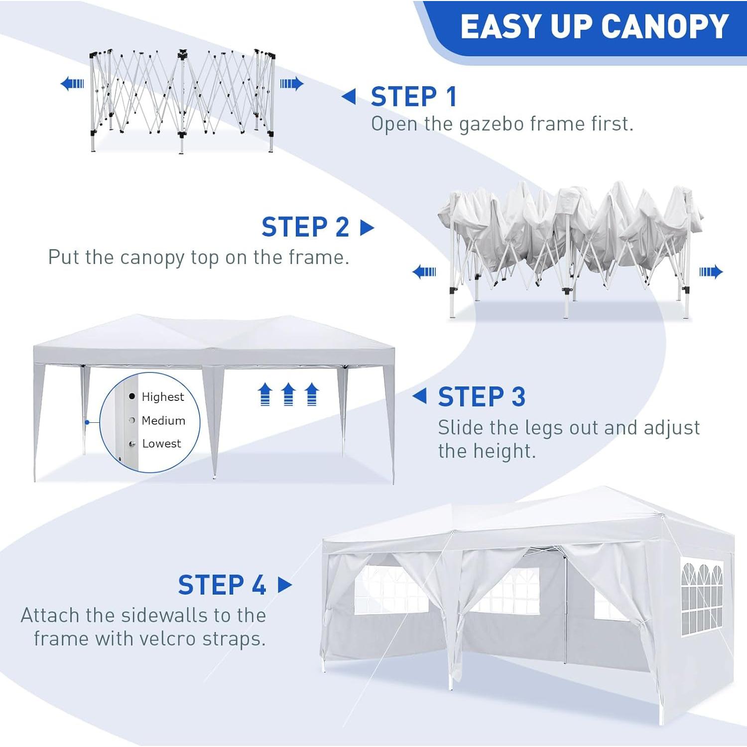 10'x20' Pop Up Canopy with Removable Sidewalls, Large Canopy Tent with 4 Sandbag & Carry Bag, Waterproof Heavy Duty Party Tent for Outdoor Commercial Event Tent, Wedding, Graduation (White)