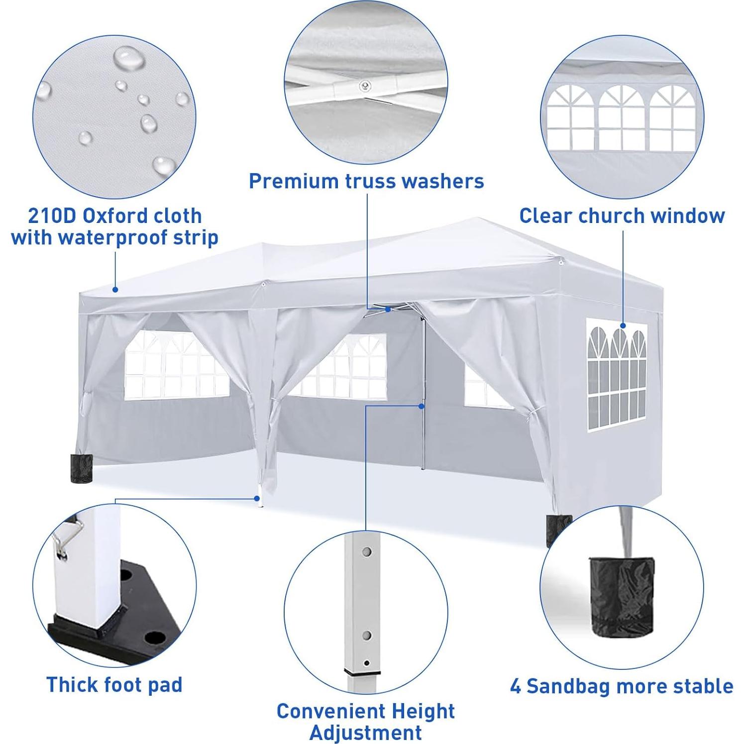 10'x20' Pop Up Canopy with Removable Sidewalls, Large Canopy Tent with 4 Sandbag & Carry Bag, Waterproof Heavy Duty Party Tent for Outdoor Commercial Event Tent, Wedding, Graduation (White)