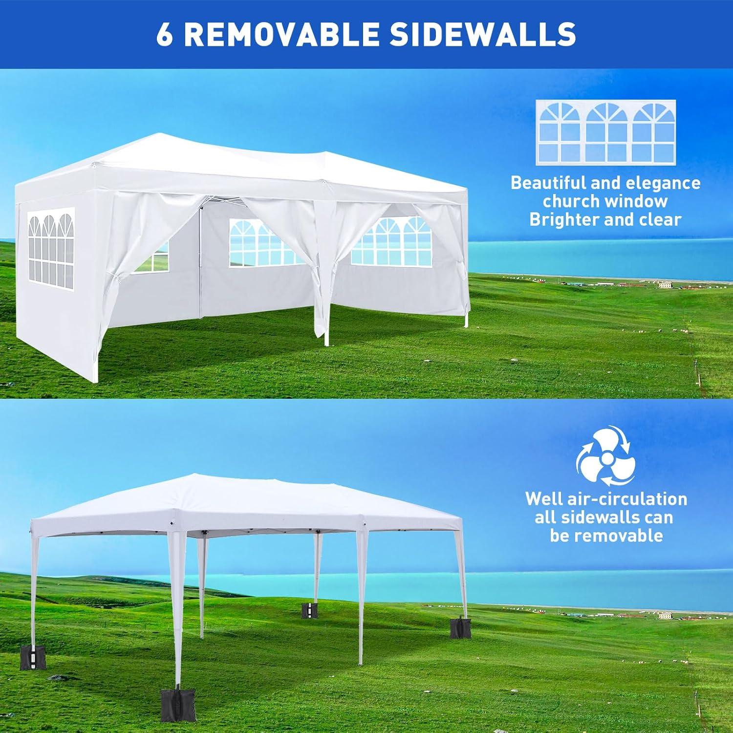 10'x20' Pop Up Canopy with Removable Sidewalls, Large Canopy Tent with 4 Sandbag & Carry Bag, Waterproof Heavy Duty Party Tent for Outdoor Commercial Event Tent, Wedding, Graduation (White)