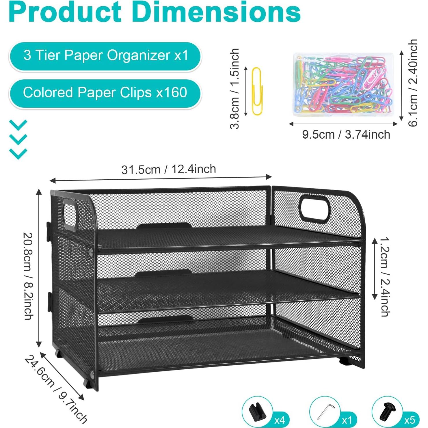 Organizador de Papel Sayeec 3 Niveles Malla Negra con Clips