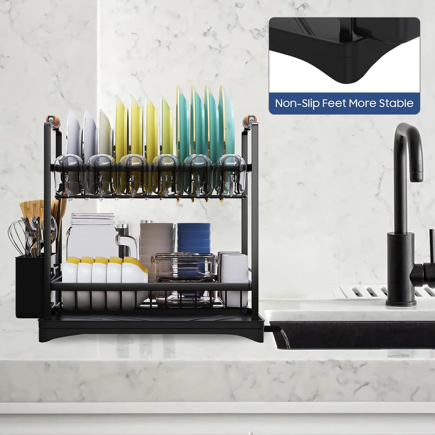 Escurridor de Platos 2 Niveles PXYHMUS Negro Acero Inoxidable