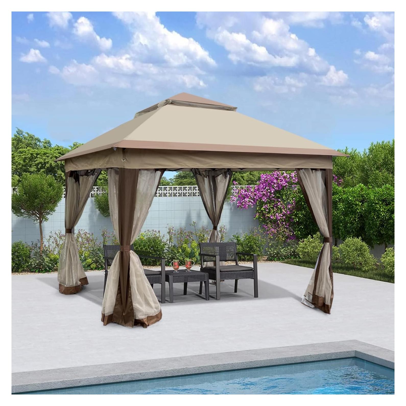 Outdoor 11x 11Ft Pop Up Gazebo Canopy with Removable Zipper Netting,2-Tier Soft Top Event Tent,Suitable for Patio Backyard Garden Camping Area (Coffee)