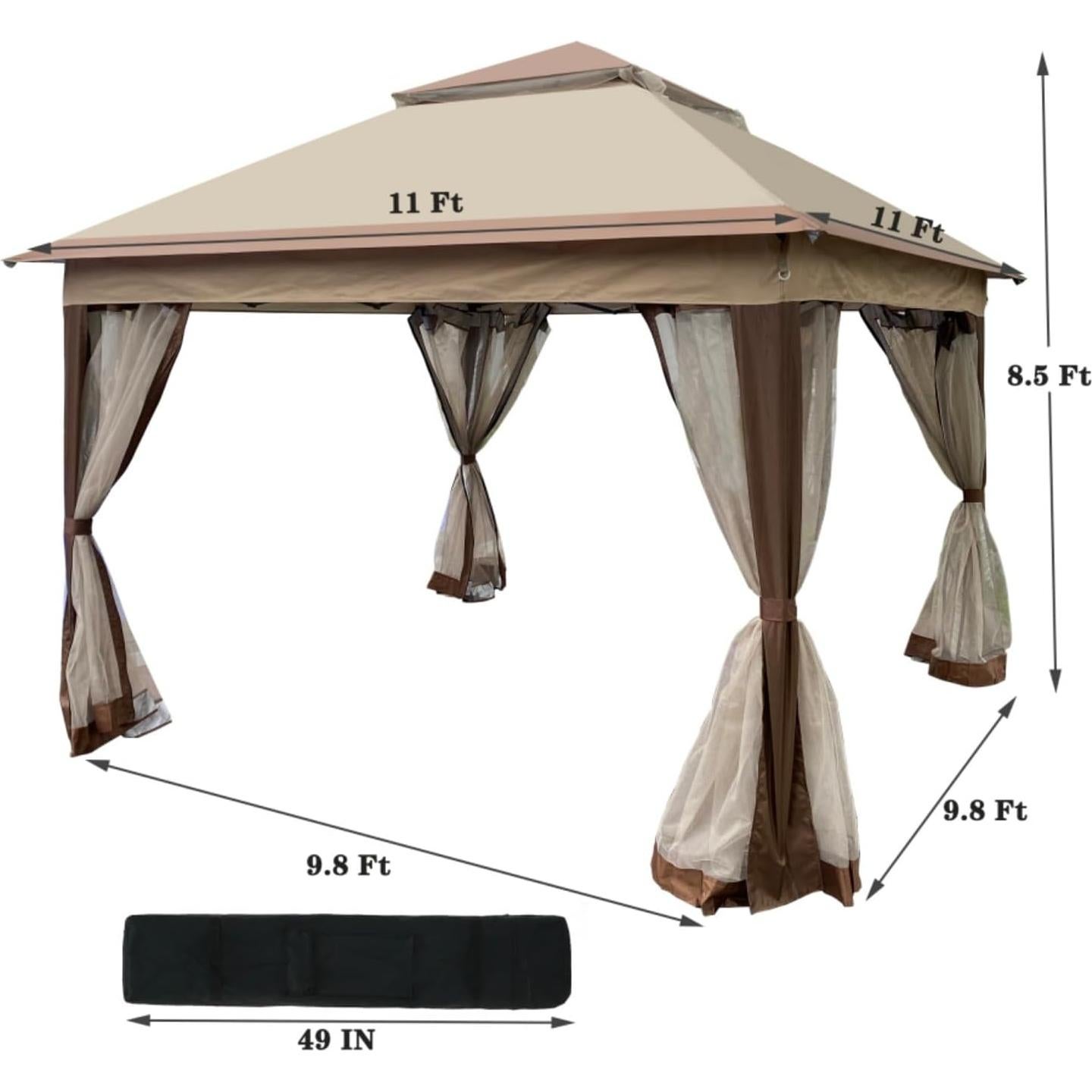 Outdoor 11x 11Ft Pop Up Gazebo Canopy with Removable Zipper Netting,2-Tier Soft Top Event Tent,Suitable for Patio Backyard Garden Camping Area (Coffee)