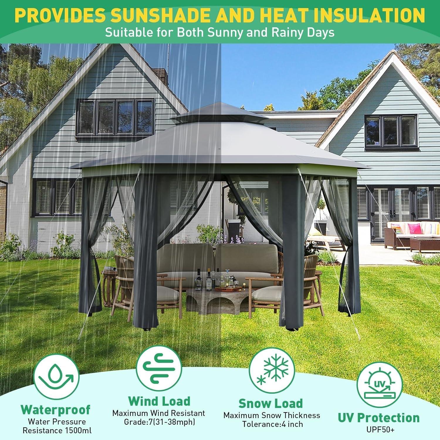 Gazebo Hexagonal Plegable TrendyTrove 13x13 Pies con Ventanas