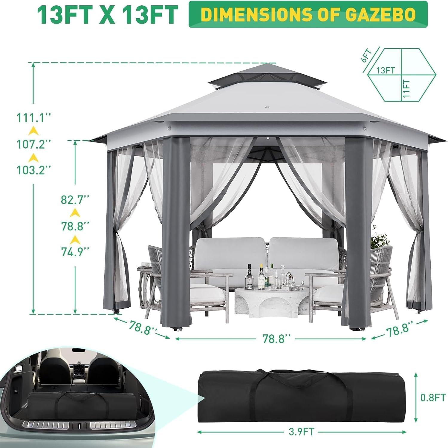 Gazebo Hexagonal Plegable TrendyTrove 13x13 Pies con Ventanas
