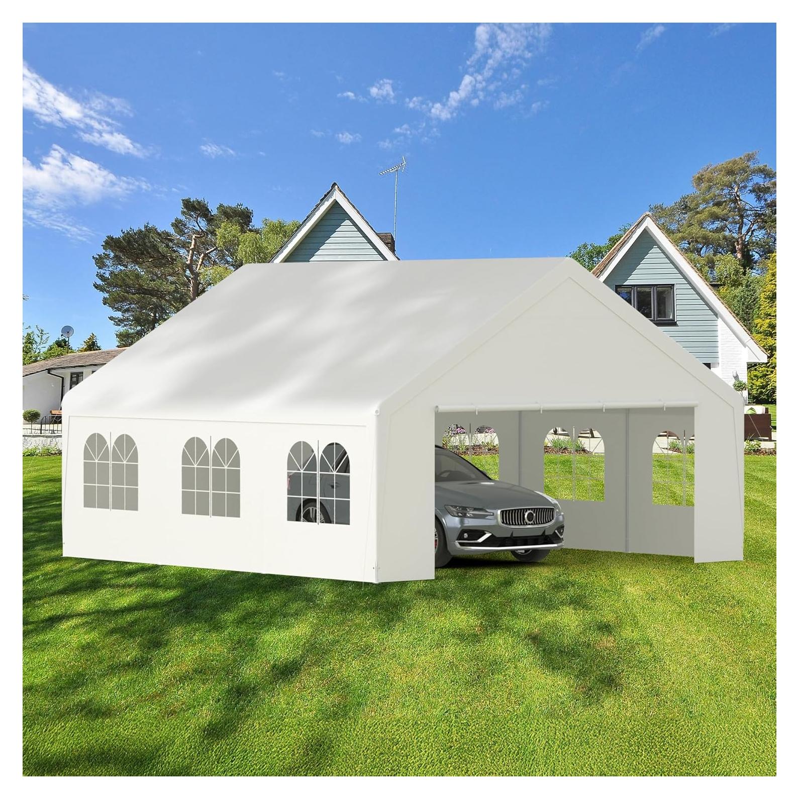 Carport 20x20 Party Tent Heavy Duty Canopy Waterproof Outdoor Storage Shelter Portable Garage w/Removable Sidewall Windows Canopy Tent for Wedding Event Backyard Barbecues Parties, White
