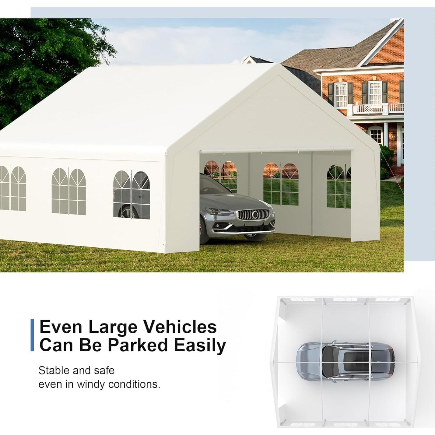 Carport 20x20 Party Tent Heavy Duty Canopy Waterproof Outdoor Storage Shelter Portable Garage w/Removable Sidewall Windows Canopy Tent for Wedding Event Backyard Barbecues Parties, White