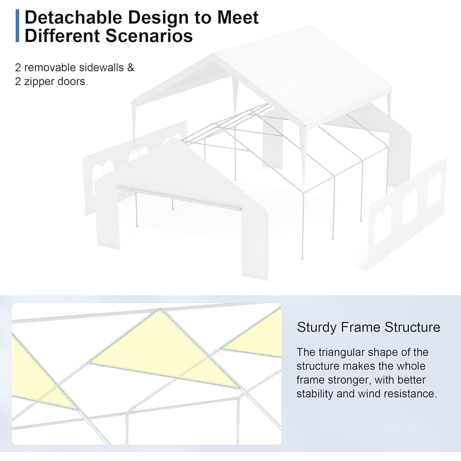 Carport 20x20 Party Tent Heavy Duty Canopy Waterproof Outdoor Storage Shelter Portable Garage w/Removable Sidewall Windows Canopy Tent for Wedding Event Backyard Barbecues Parties, White