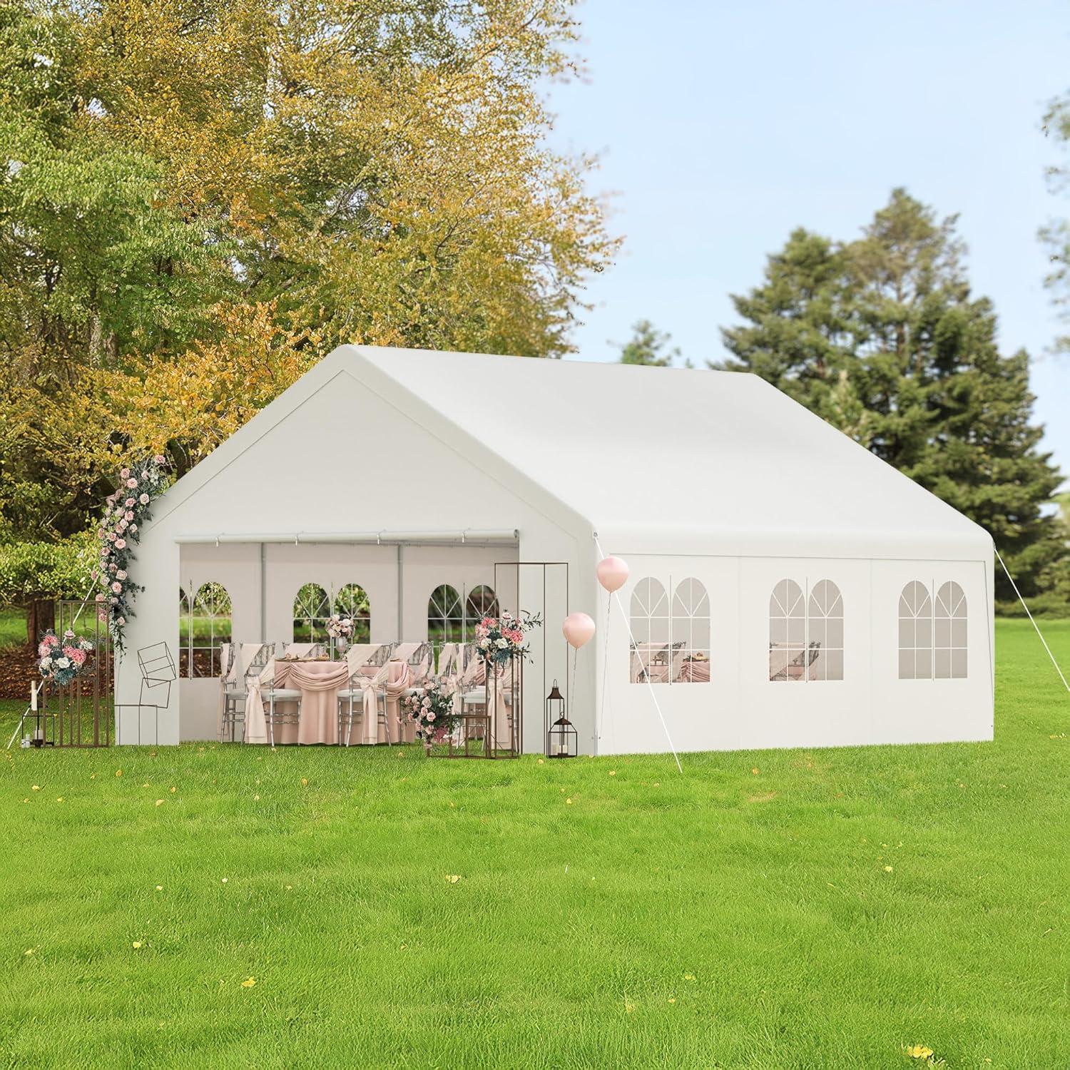 Carport 20x20 Party Tent Heavy Duty Canopy Waterproof Outdoor Storage Shelter Portable Garage w/Removable Sidewall Windows Canopy Tent for Wedding Event Backyard Barbecues Parties, White