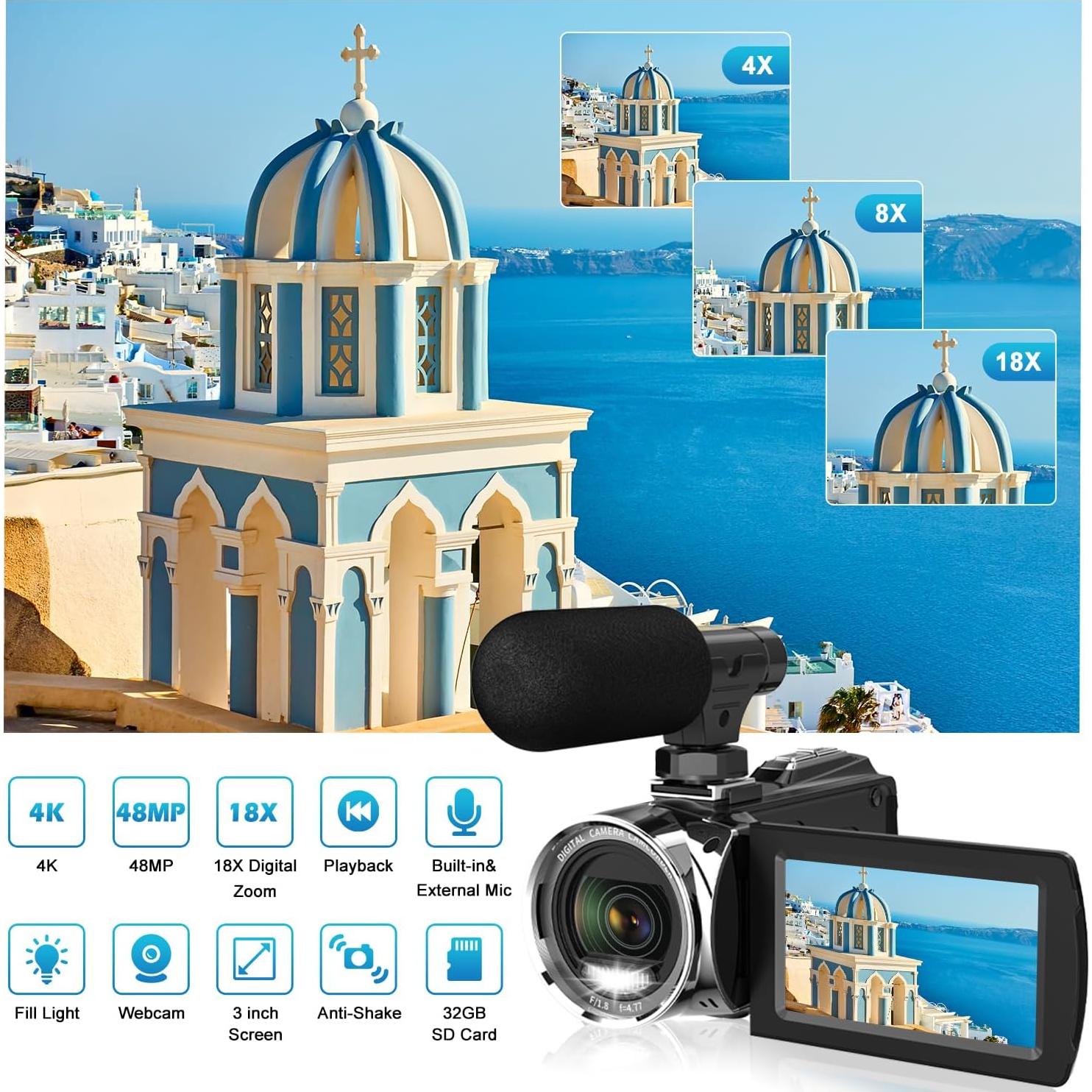 Cámara de Video Weochi HD 4K 48MP con Pantalla 3" y Zoom 18x