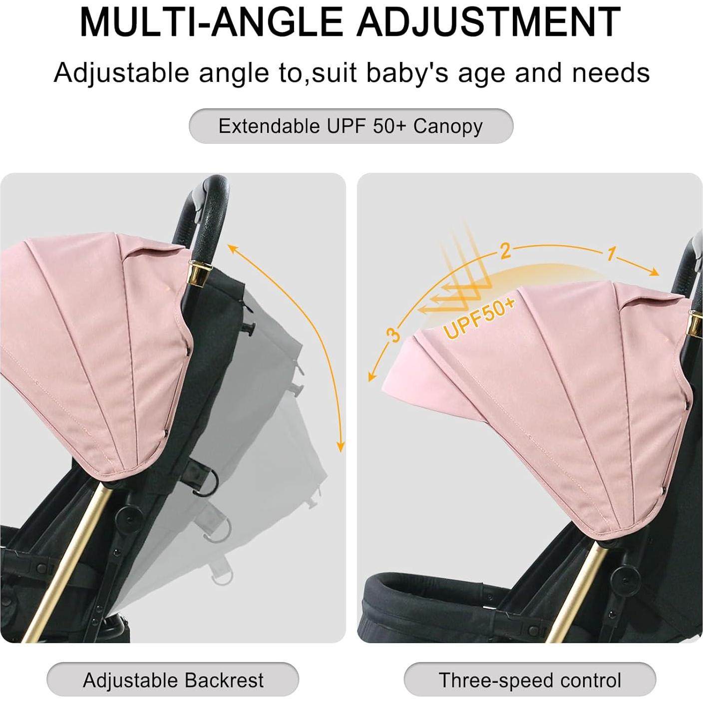 Carrito de bebé Trenana ligero y compacto con dosel rosa