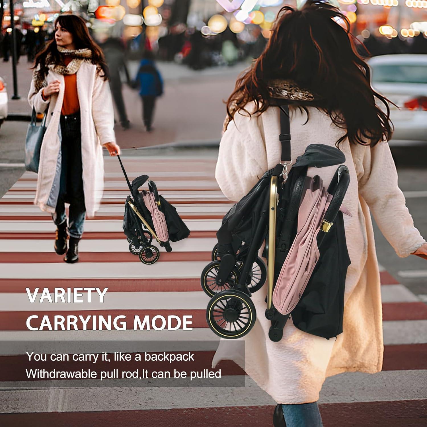 Carrito de bebé Trenana ligero y compacto con dosel rosa