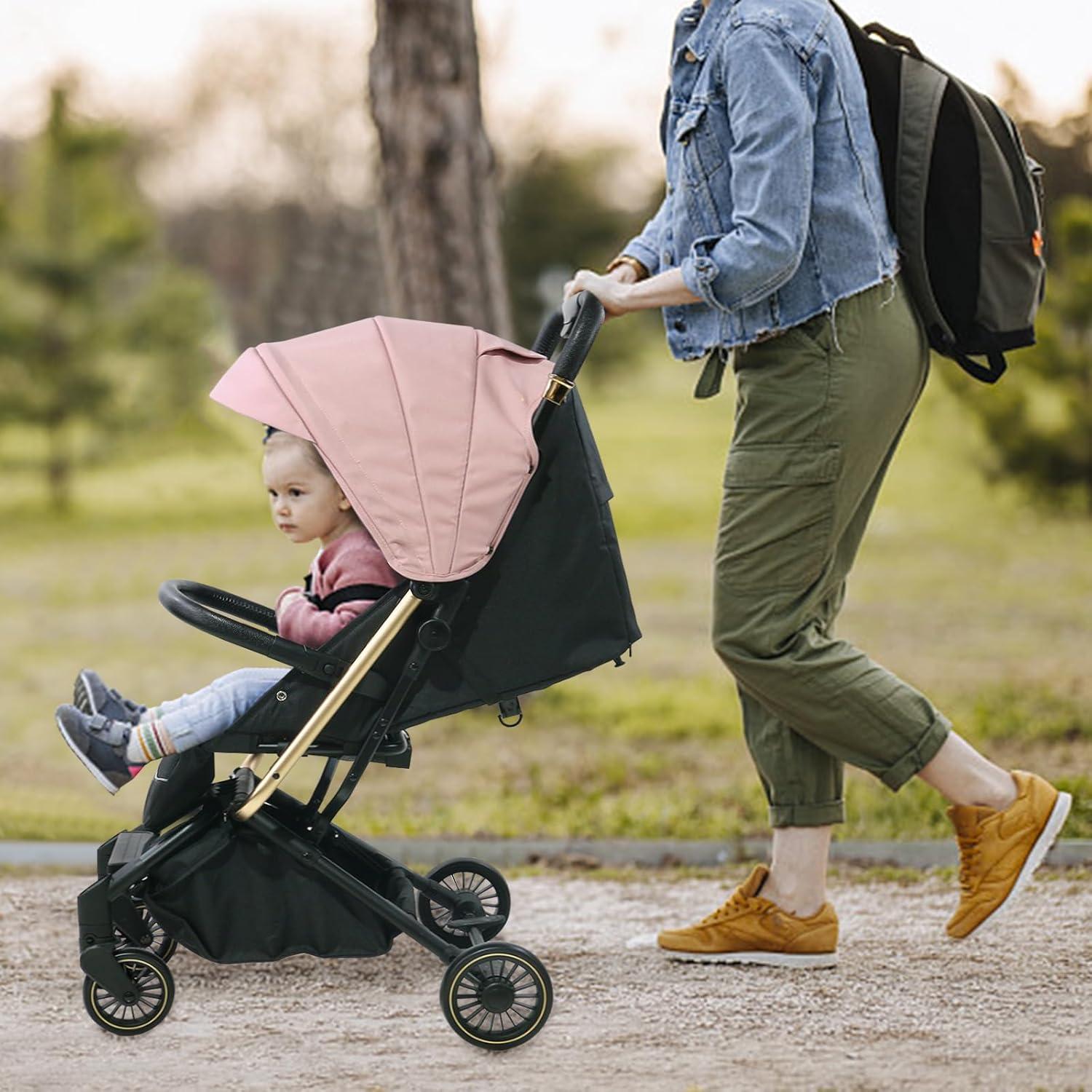 Carrito de bebé Trenana ligero y compacto con dosel rosa