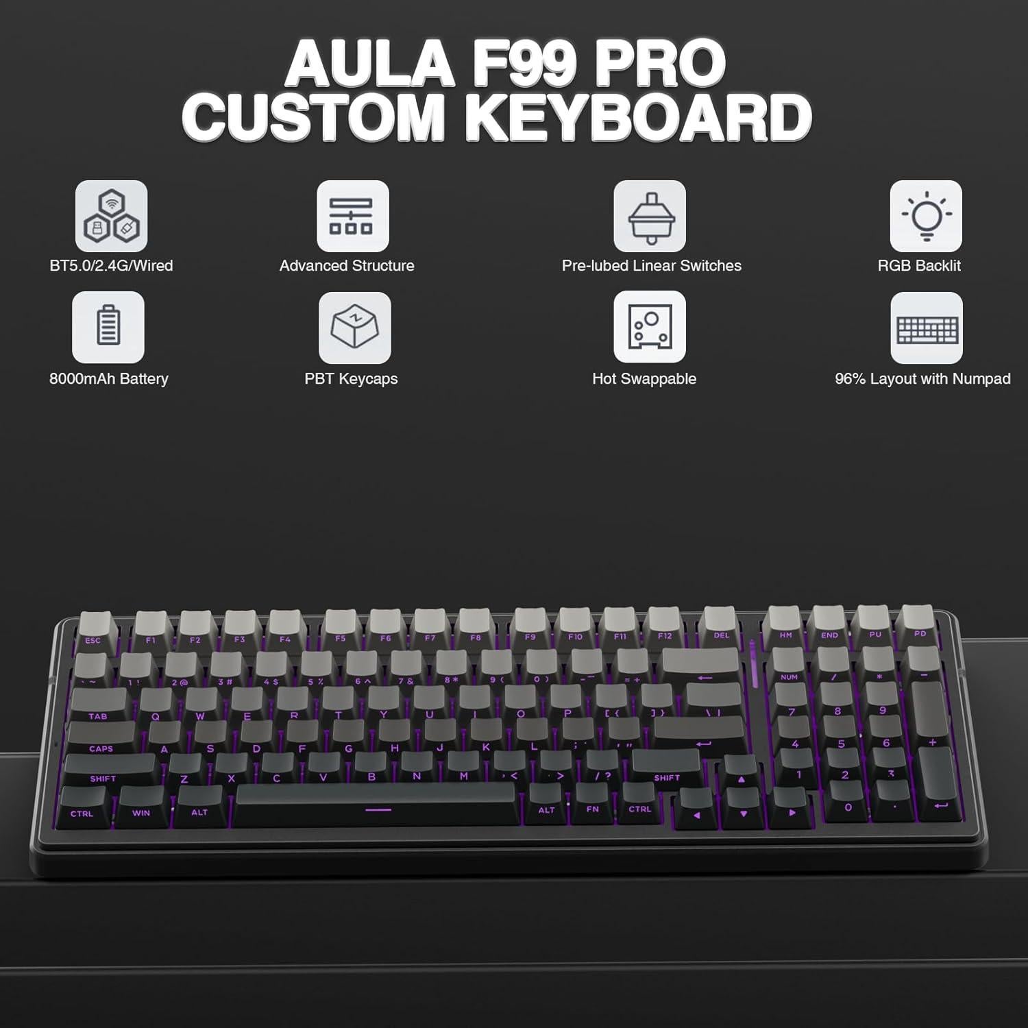 Teclado Mecánico Inalámbrico AULA F99 Pro RGB 99 Teclas