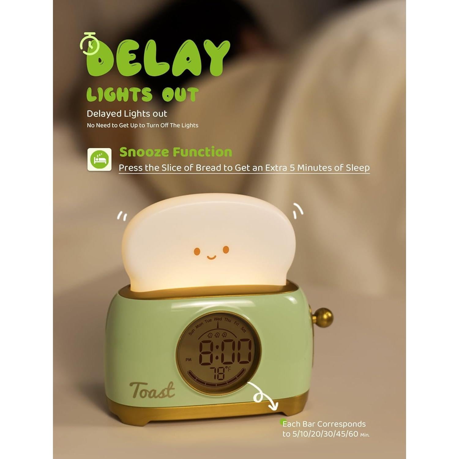 Lámpara Nocturna Tostadora WANIDEA con Reloj Despertador LED