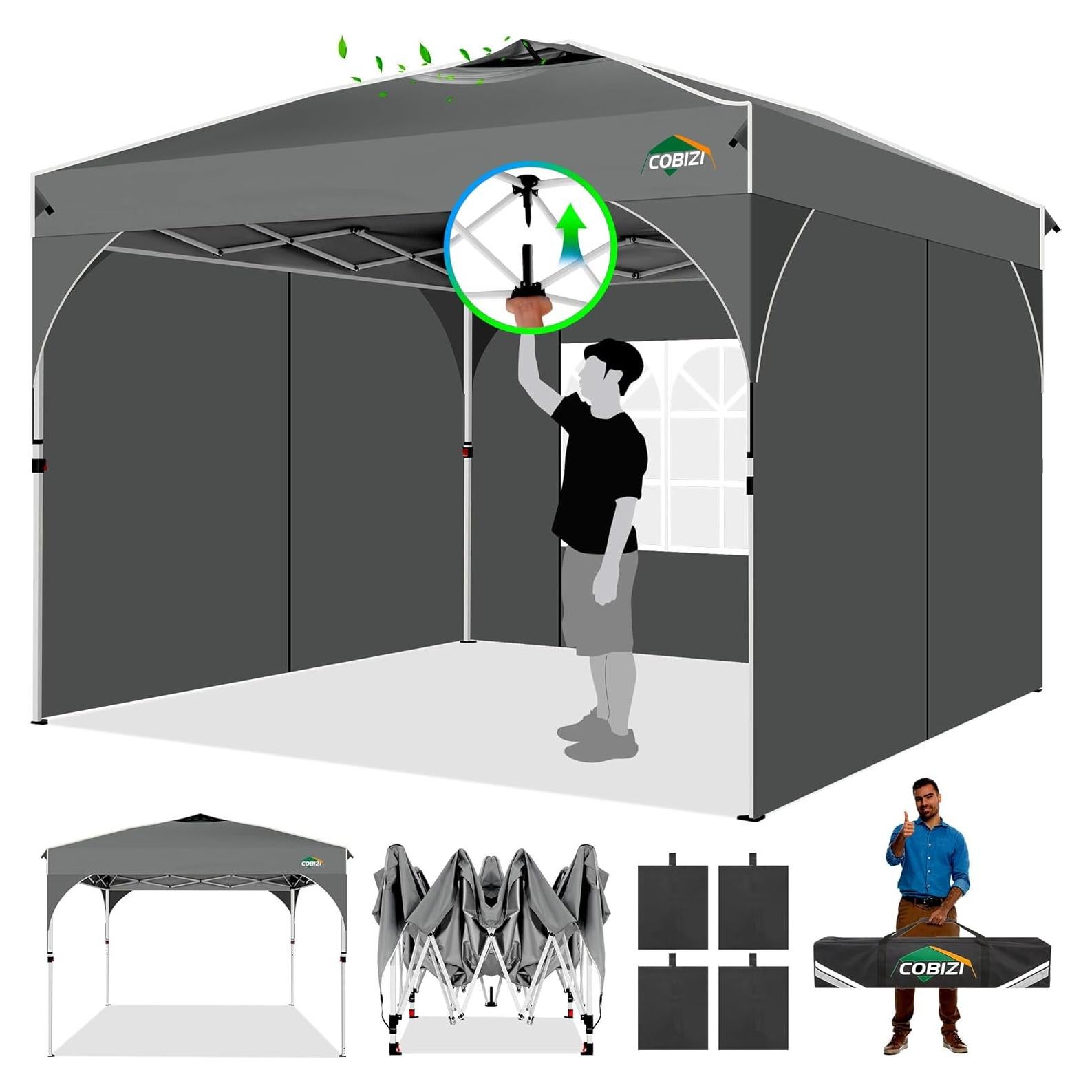 COBIZI 10x20 Pop Up Canopy: Canopy Tent with Patented Center-Lock Tech | Quick-Setup,UV-Reflective & Detachable Walls | 210D Waterproof | 3 Height Adjustments for Parties,Weddings,Outdoor Events(Gray)