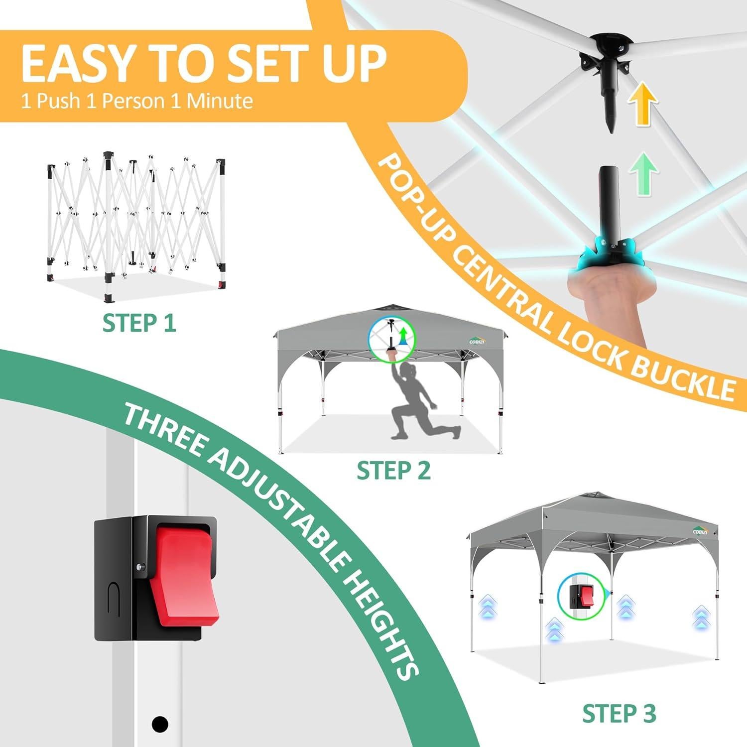 COBIZI 10x20 Pop Up Canopy: Canopy Tent with Patented Center-Lock Tech | Quick-Setup,UV-Reflective & Detachable Walls | 210D Waterproof | 3 Height Adjustments for Parties,Weddings,Outdoor Events(Gray)