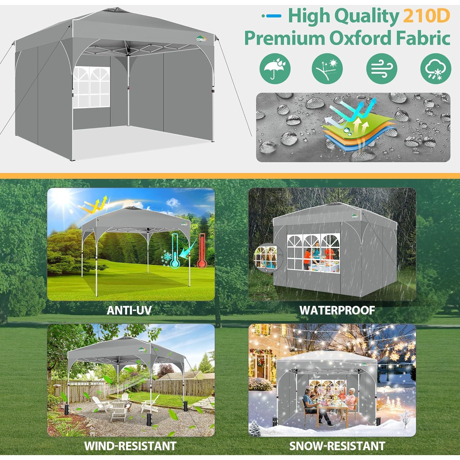 COBIZI 10x20 Pop Up Canopy: Canopy Tent with Patented Center-Lock Tech | Quick-Setup,UV-Reflective & Detachable Walls | 210D Waterproof | 3 Height Adjustments for Parties,Weddings,Outdoor Events(Gray)