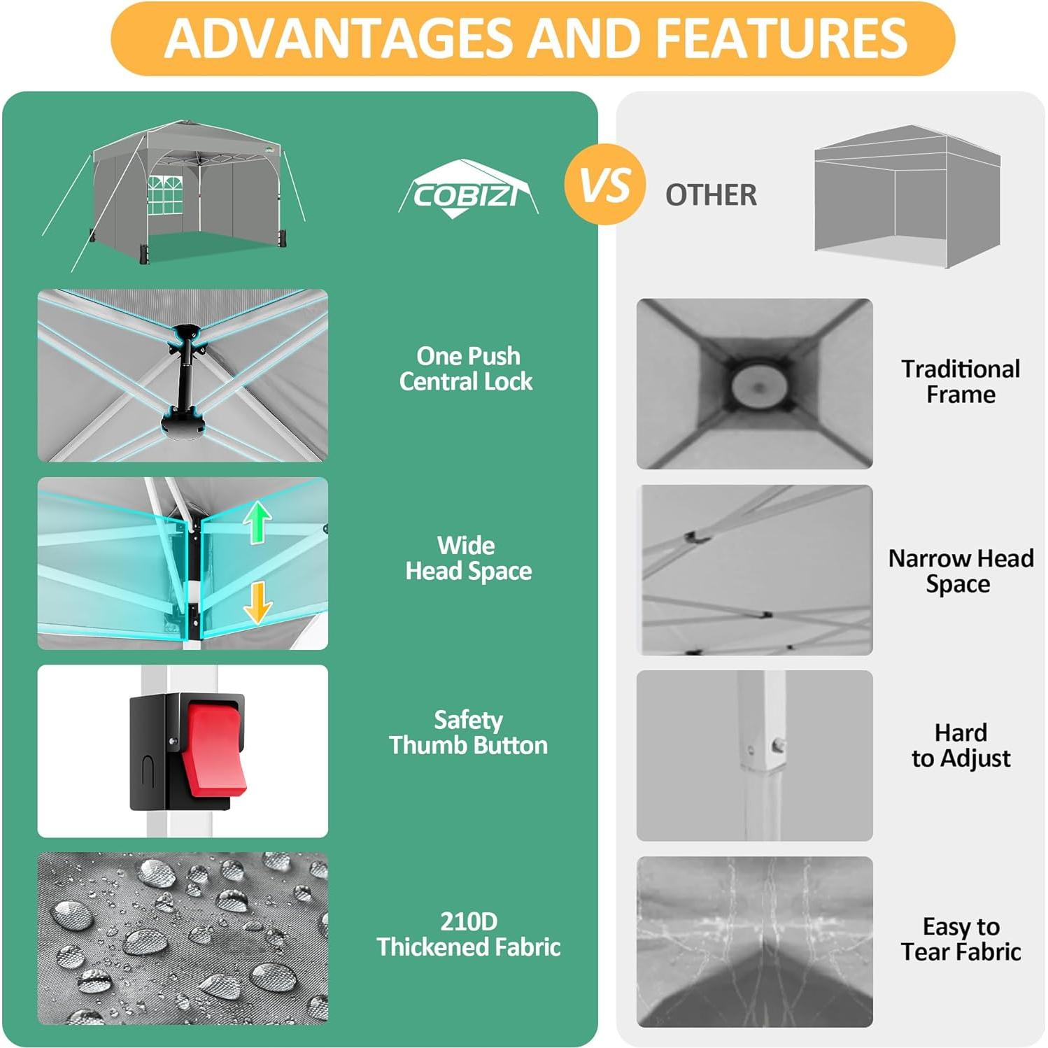 COBIZI 10x20 Pop Up Canopy: Canopy Tent with Patented Center-Lock Tech | Quick-Setup,UV-Reflective & Detachable Walls | 210D Waterproof | 3 Height Adjustments for Parties,Weddings,Outdoor Events(Gray)
