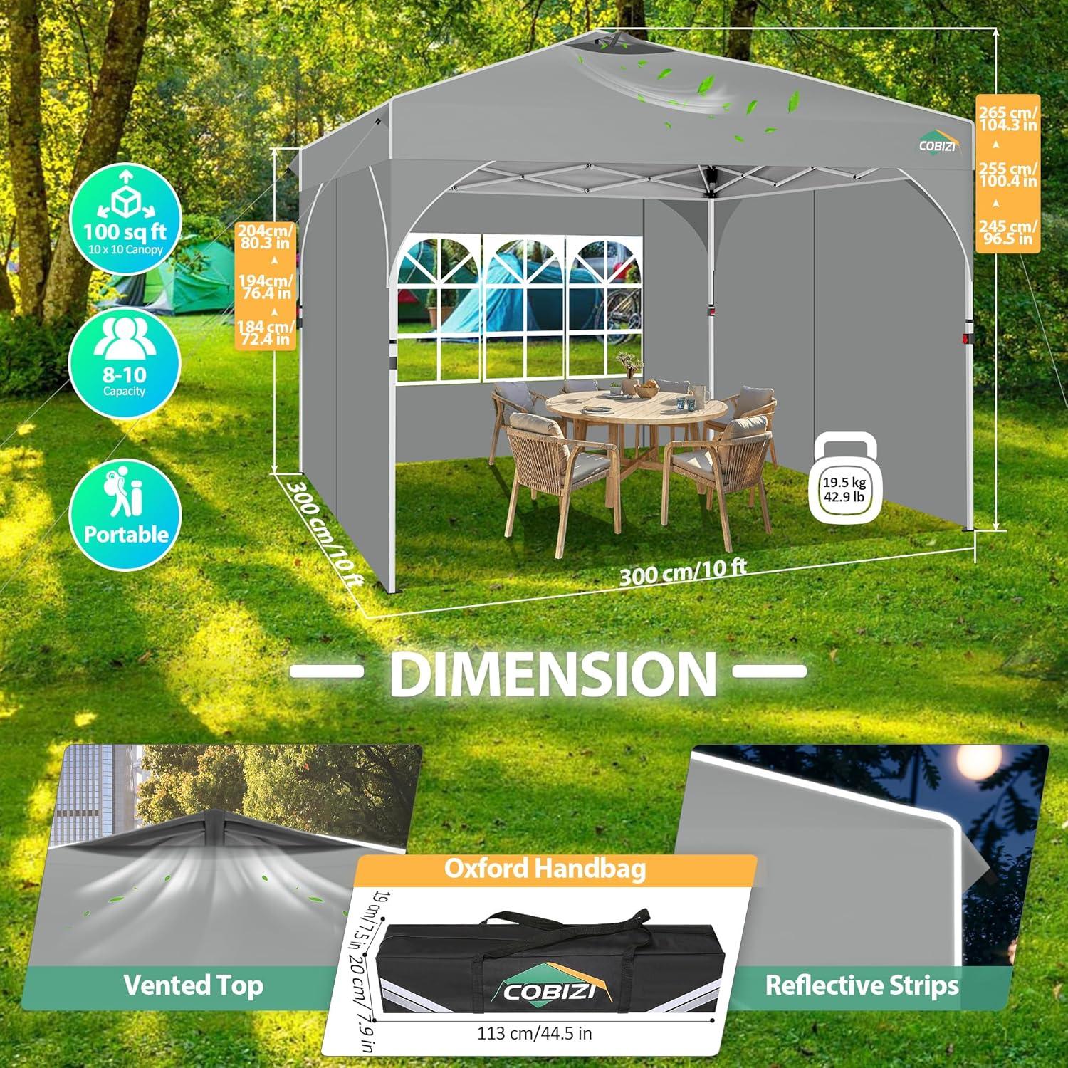 COBIZI 10x20 Pop Up Canopy: Canopy Tent with Patented Center-Lock Tech | Quick-Setup,UV-Reflective & Detachable Walls | 210D Waterproof | 3 Height Adjustments for Parties,Weddings,Outdoor Events(Gray)
