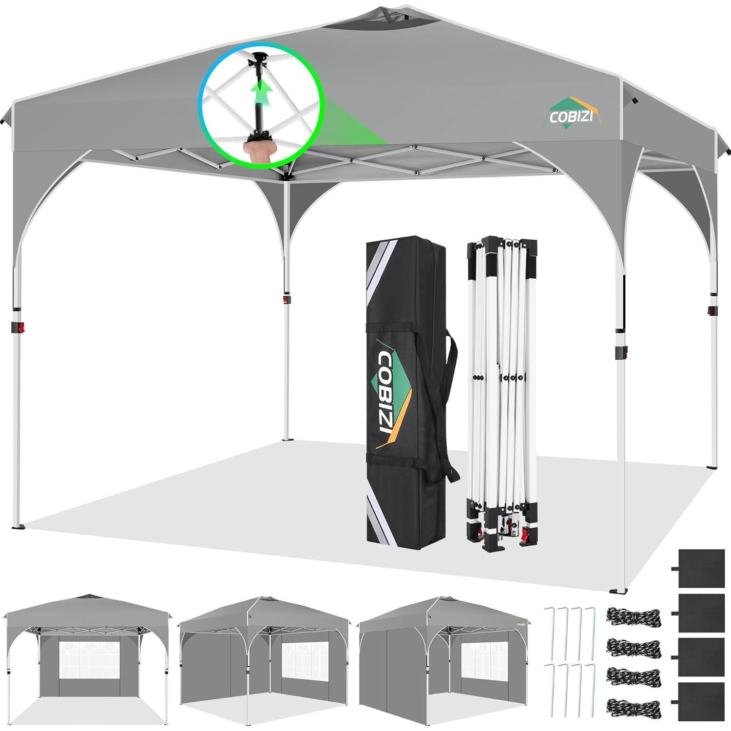 COBIZI 10x20 Pop Up Canopy: Canopy Tent with Patented Center-Lock Tech | Quick-Setup,UV-Reflective & Detachable Walls | 210D Waterproof | 3 Height Adjustments for Parties,Weddings,Outdoor Events(Gray)