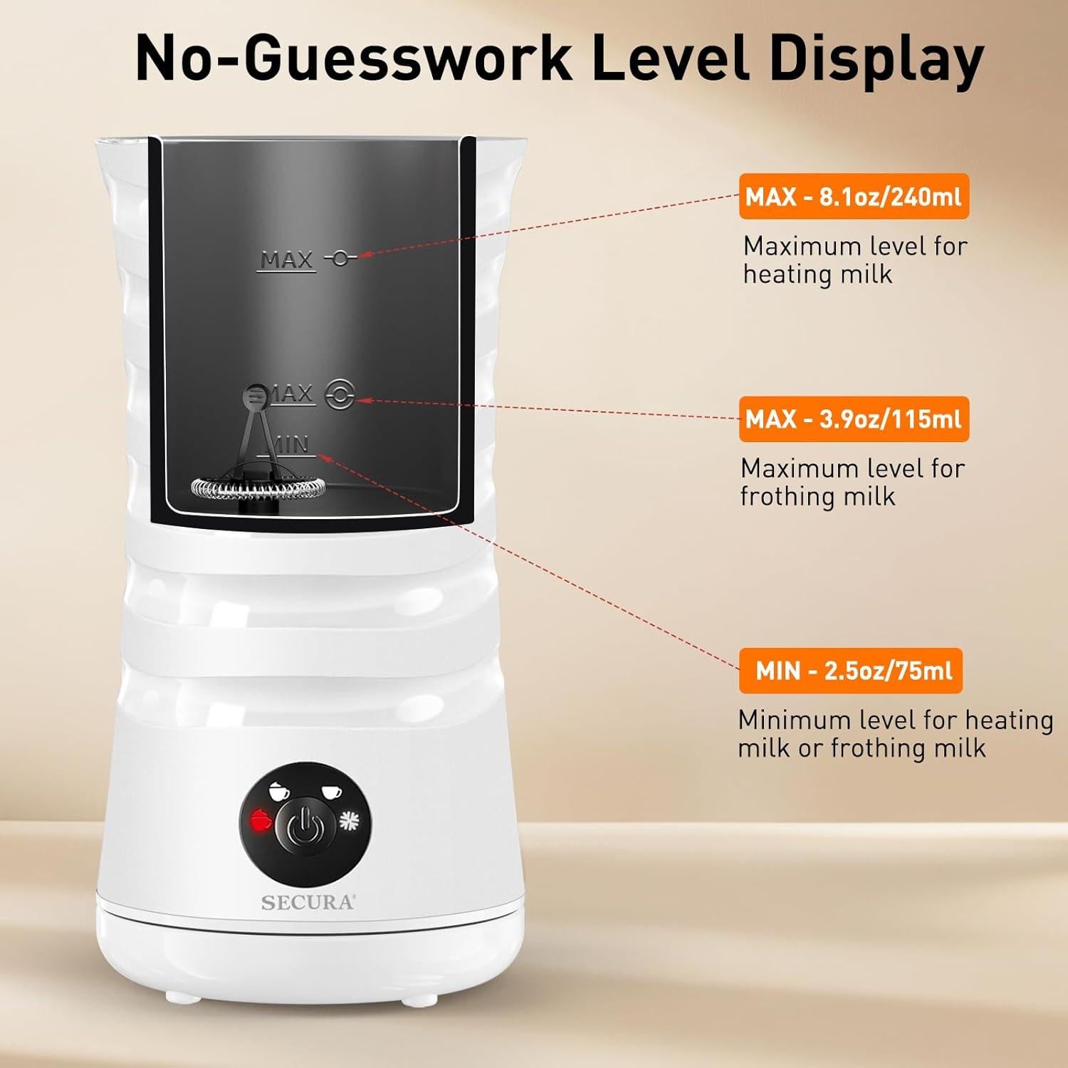 Espumador de Leche Secura Eléctrico 240ml 4-en-1 Automático