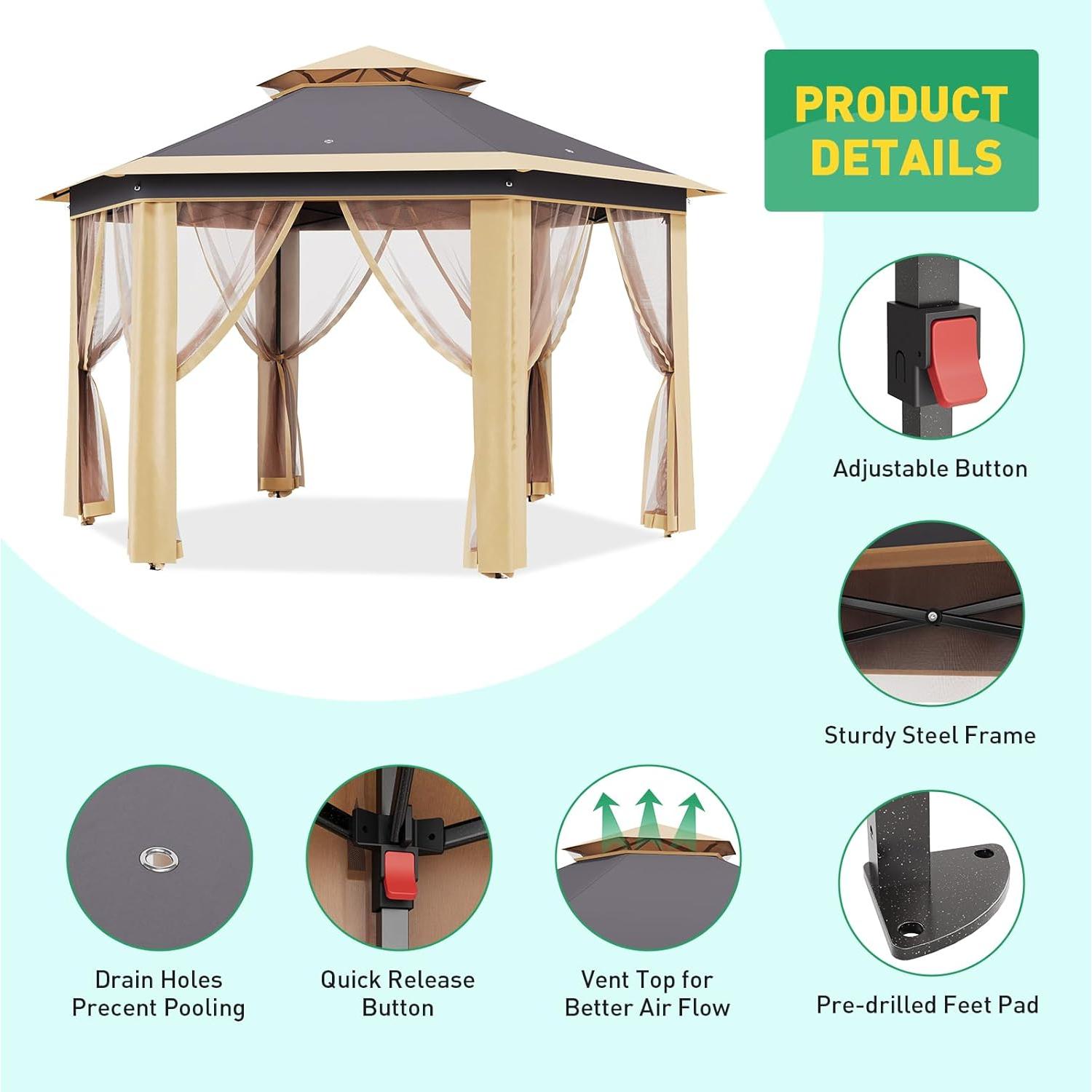 Toldo Pop-Up PhoenixCrest 3.96x3.96m Hexagonal con Mosquiteros