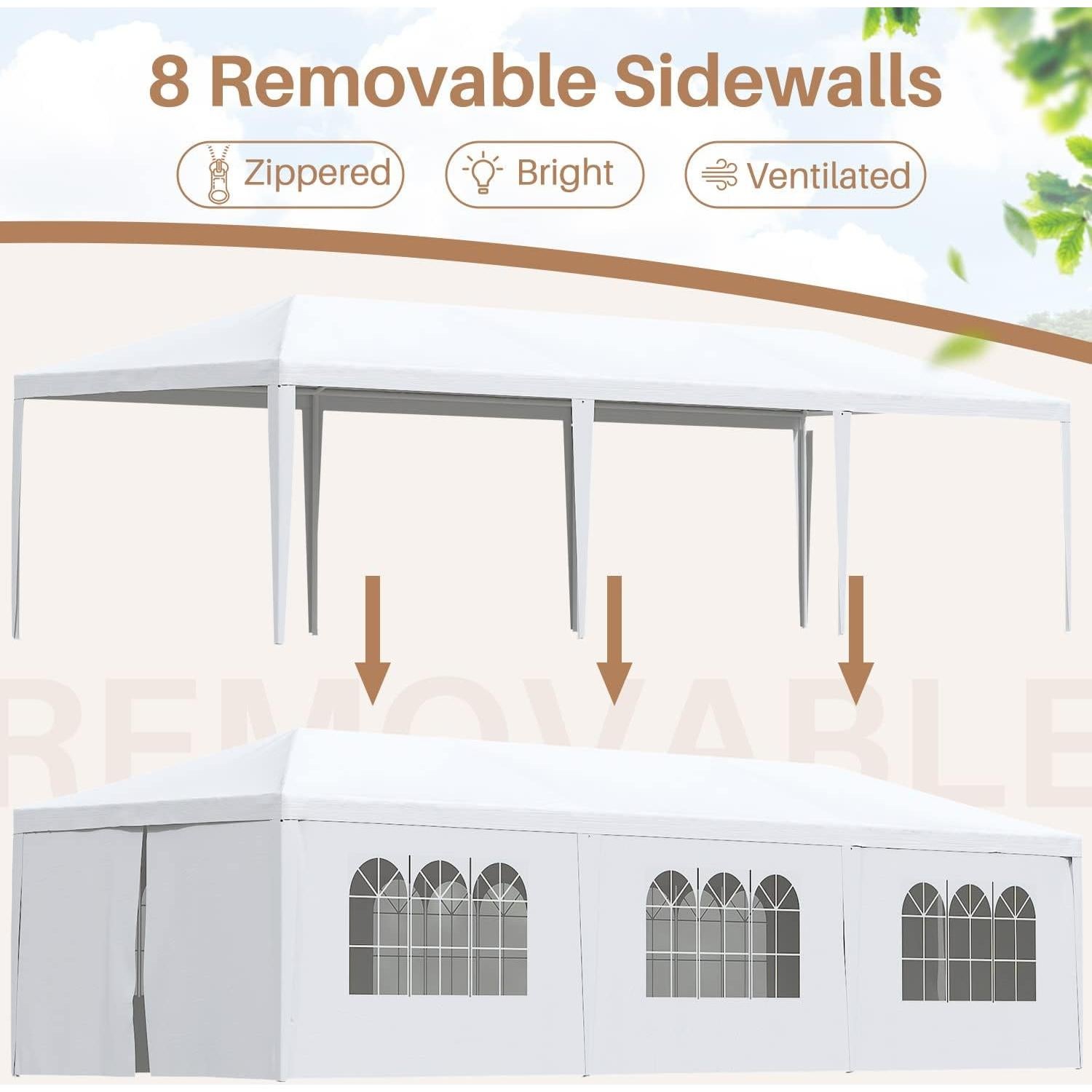 Greesum 10'x30' Outdoor Canopy Tent Patio Camping Heavy Duty Gazebo Shelter Party Wedding BBQ Events with Removable Sidewalls, Waterproof Shelter, White