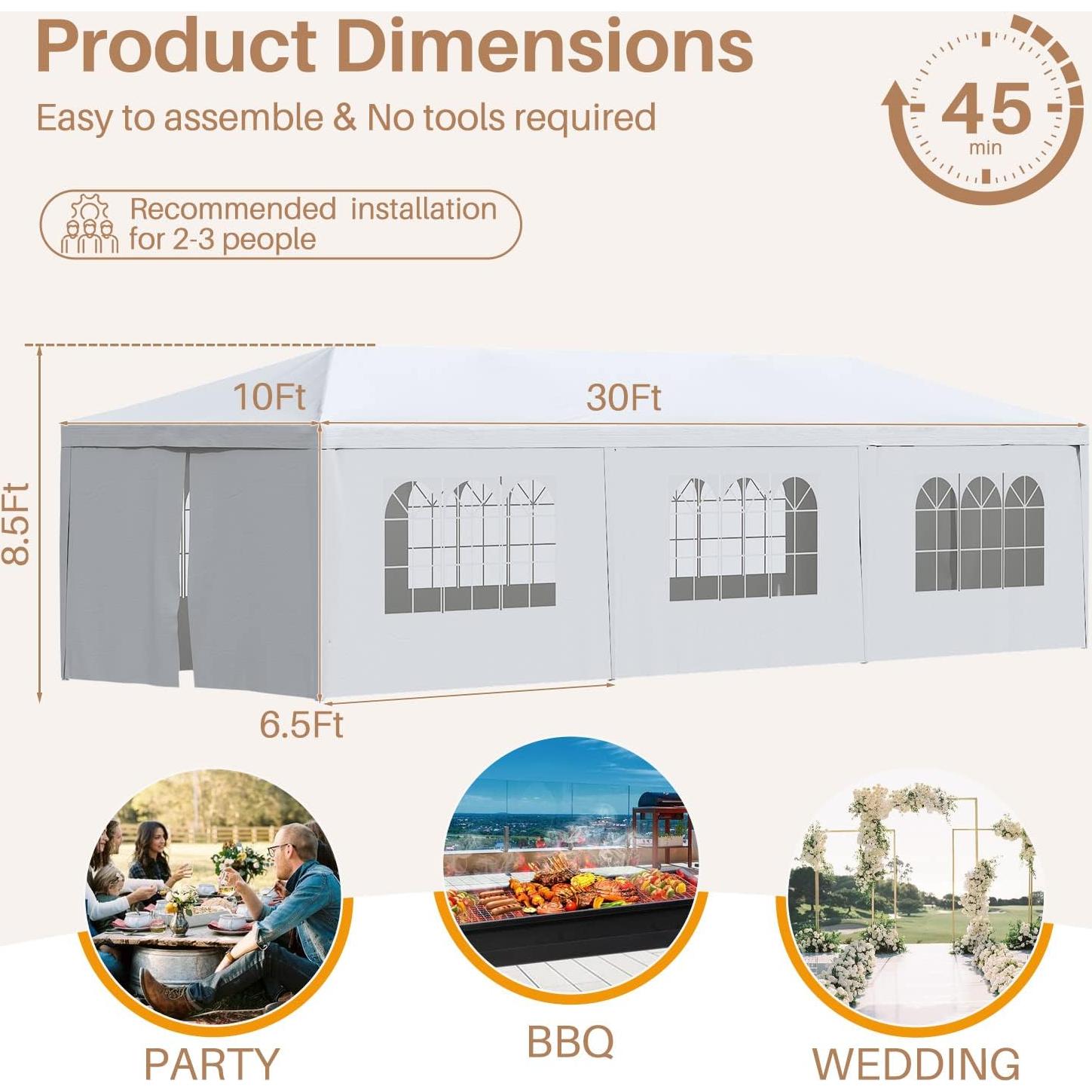 Greesum 10'x30' Outdoor Canopy Tent Patio Camping Heavy Duty Gazebo Shelter Party Wedding BBQ Events with Removable Sidewalls, Waterproof Shelter, White