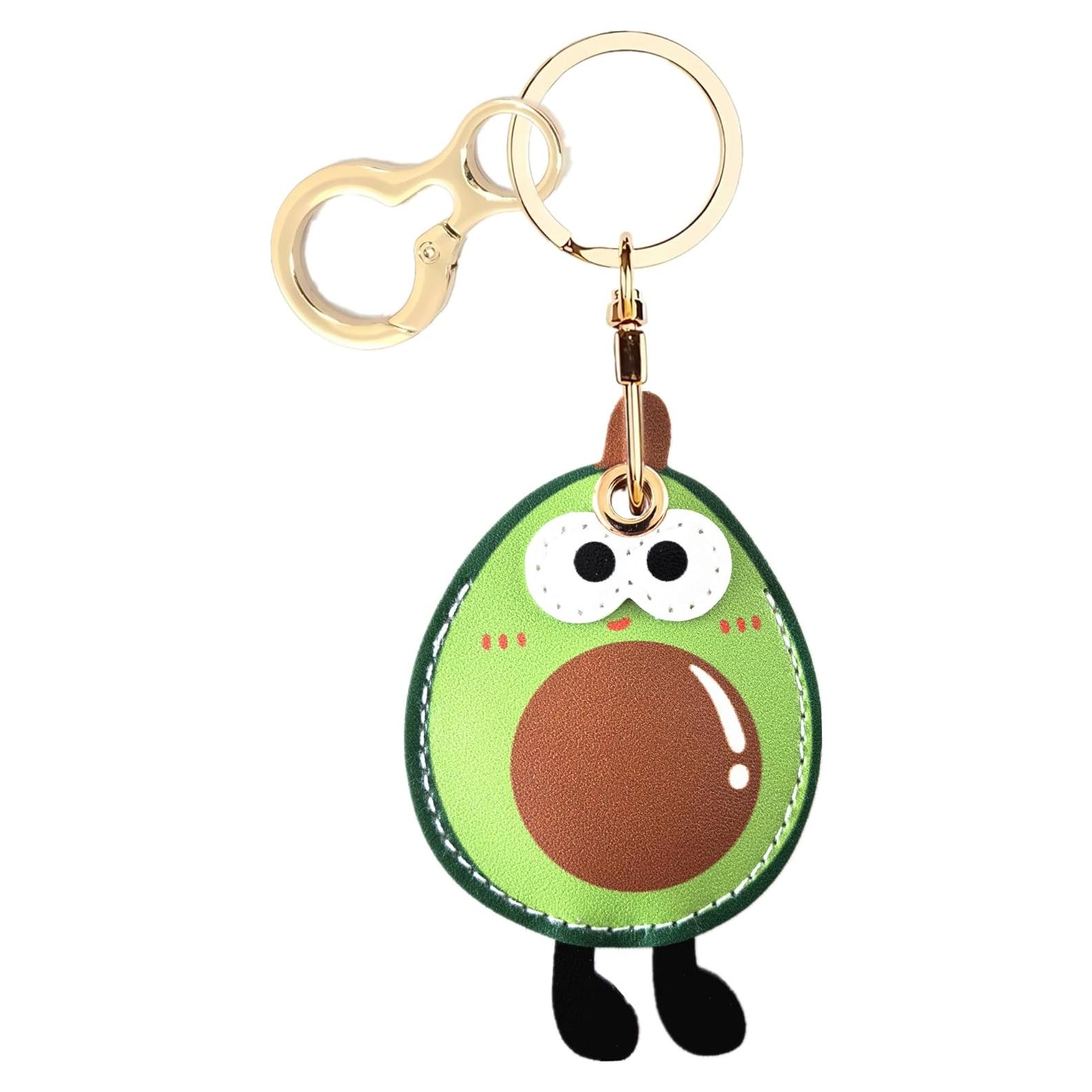 Leather Keychain Holder Case Compatible with AirTag,Cute Big Eyed Fruit Element Protective Air Tag Cover with KeyRing,Anti-Scratch Finder GPS Tracker Case for Wallet,Keys,Bag,Pets(Avocado A)