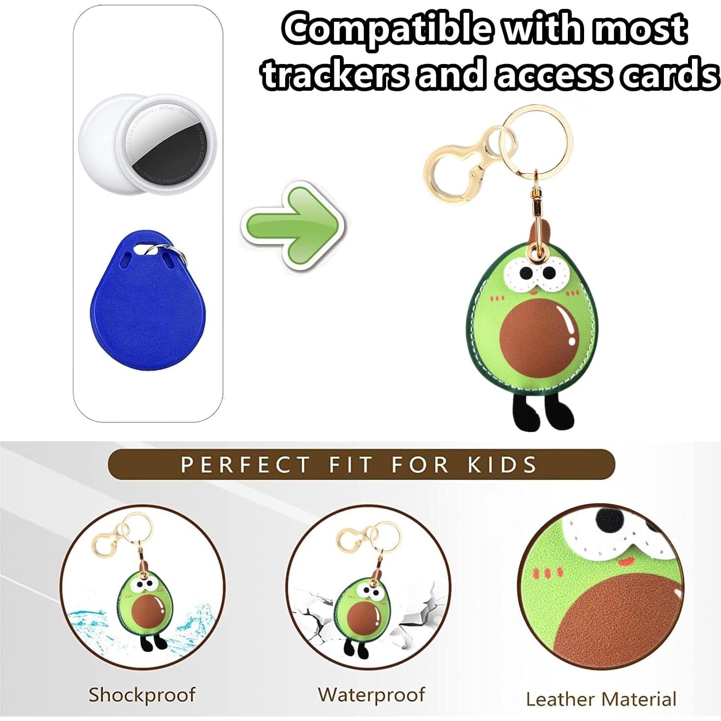 Leather Keychain Holder Case Compatible with AirTag,Cute Big Eyed Fruit Element Protective Air Tag Cover with KeyRing,Anti-Scratch Finder GPS Tracker Case for Wallet,Keys,Bag,Pets(Avocado A)