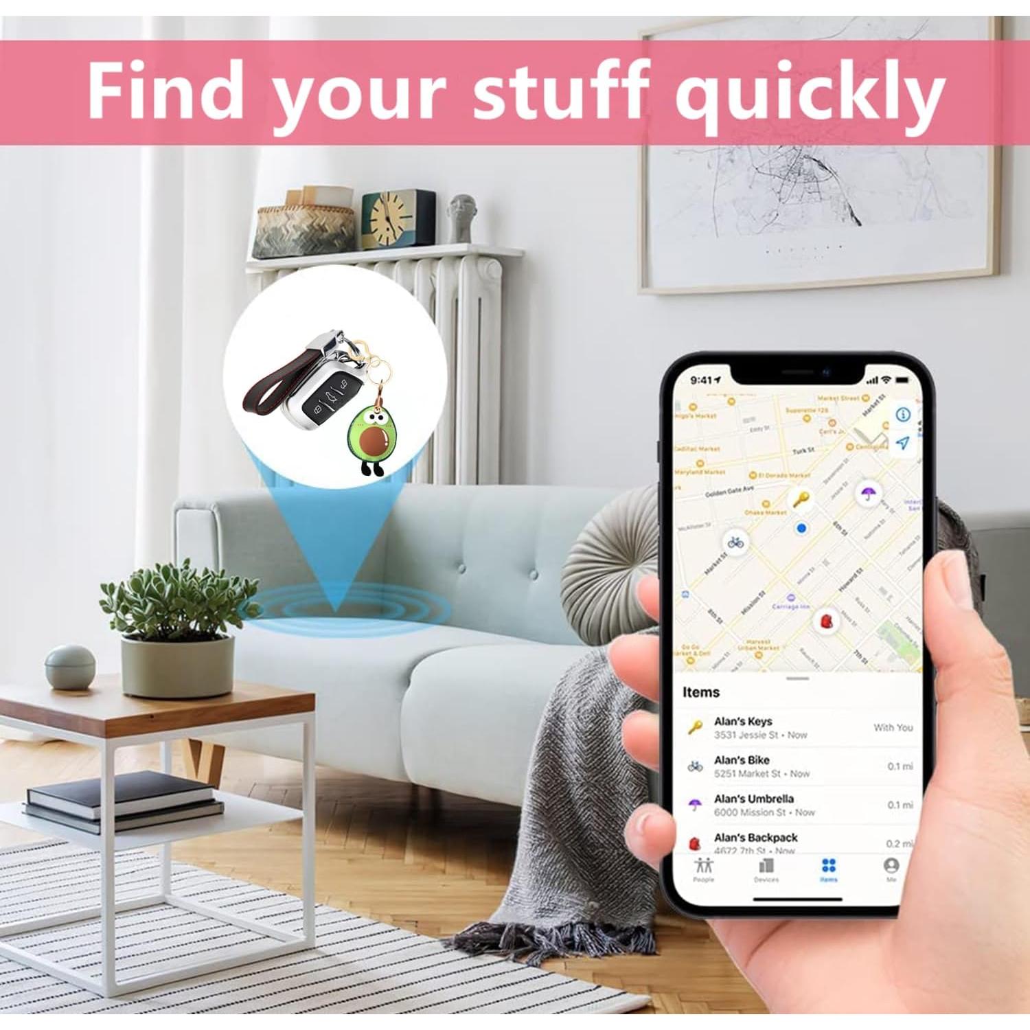 Leather Keychain Holder Case Compatible with AirTag,Cute Big Eyed Fruit Element Protective Air Tag Cover with KeyRing,Anti-Scratch Finder GPS Tracker Case for Wallet,Keys,Bag,Pets(Avocado A)