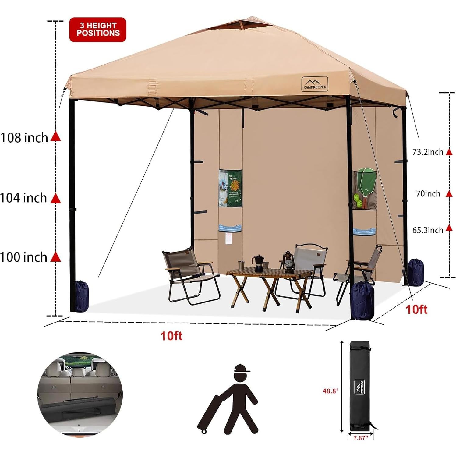 Carpa Plegable KAMPKEEPER 3x3m con Paredes Laterales y Bolsillos